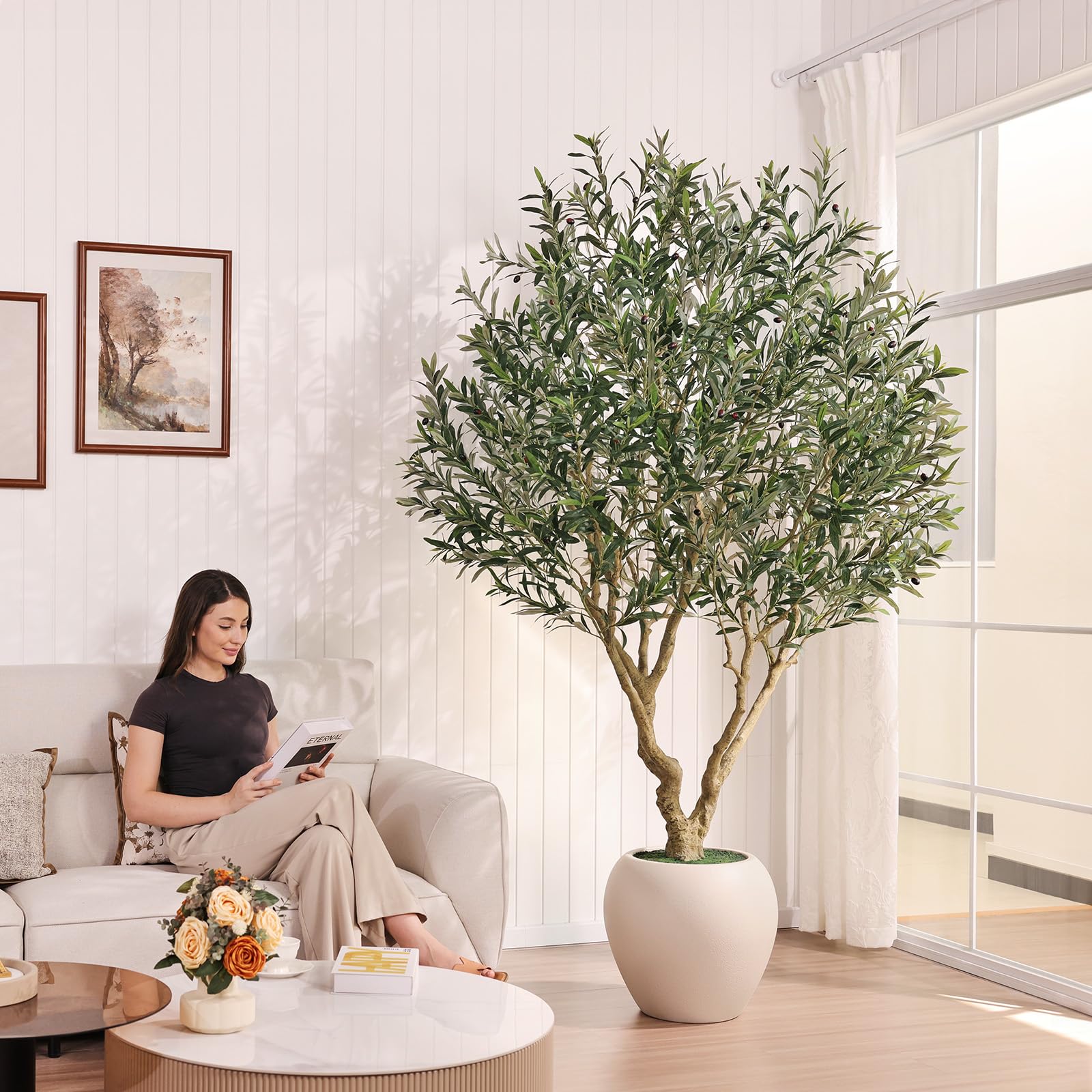 Verinatural Olive Tree Artificial Indoor, 8FT Tall Faux Olive Tree with 18in White Planter, Artificial Plants with Natural Wood Trunk and Lifelike Fruits for Home Office Decor,VN205