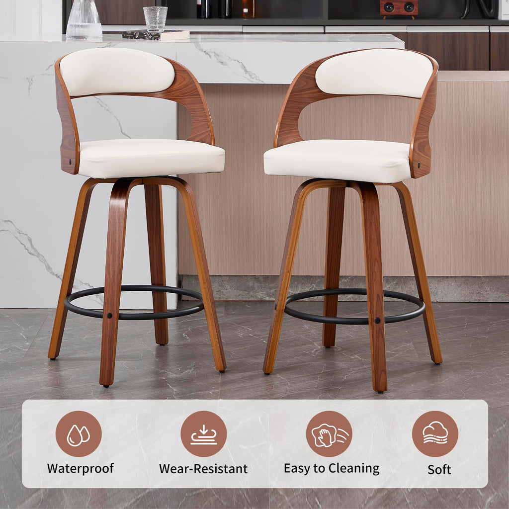 VipDesk Swivel Bar Stools Set of 2, Walnut Counter Height Bar Stools with Back and Arms, 26" Modern Faux Leather Upholstered Bar Chairs with Bentwood Frame for Kitchen Island Bar - White