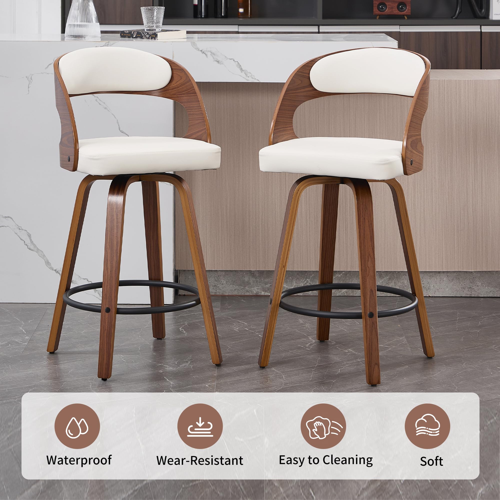 VipDesk Swivel Bar Stools Set of 2, Walnut Counter Height Bar Stools with Back and Arms, 26" Modern Faux Leather Upholstered Bar Chairs with Bentwood Frame for Kitchen Island Bar - White