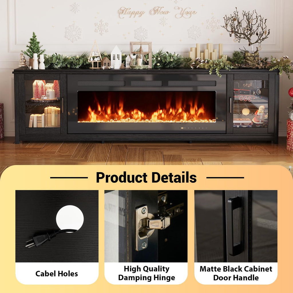 MXV 90" Fireplace TV Stand, Modern Entertainment Center with 60 Inch Electric Fireplace, Adjustable Shelf & Glass Door, Fire Place TV Console for Living Room, Black