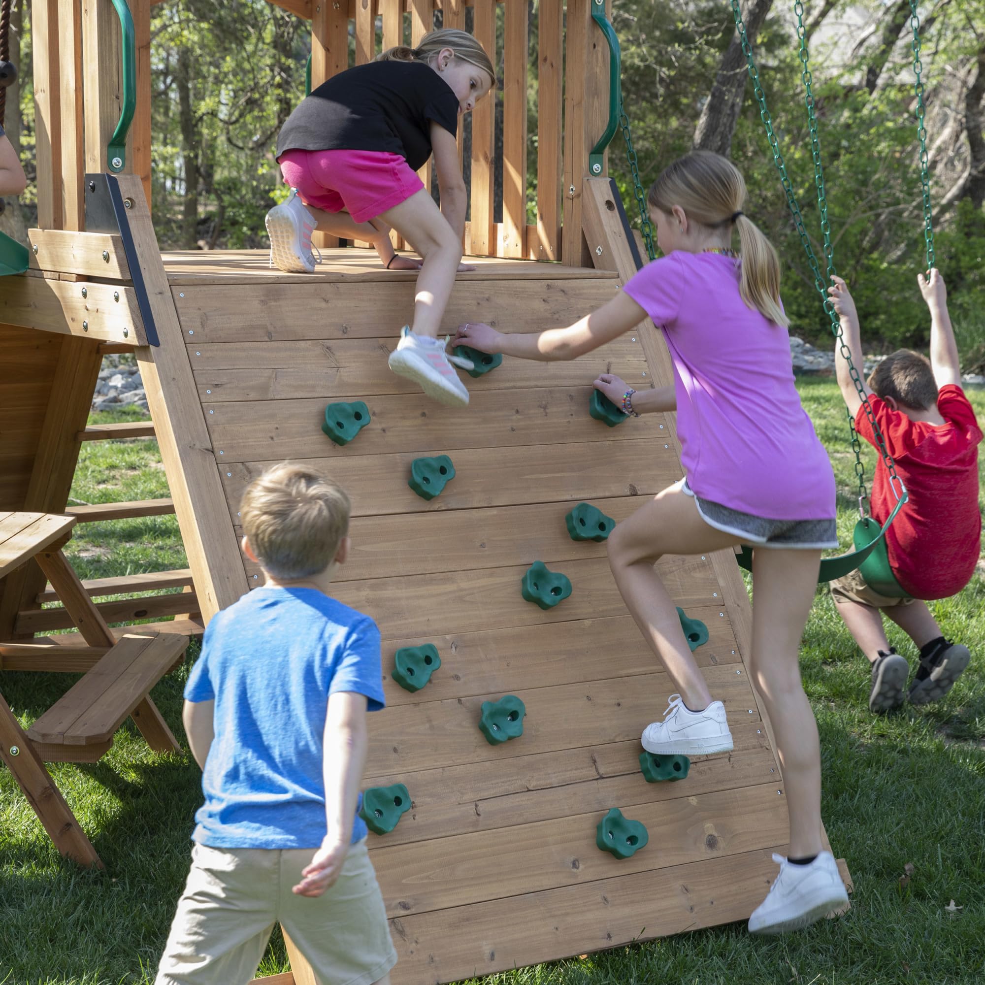 Backyard Discovery Endeavor II Cedar Wood Swing Set with Wave Slide, Play Deck, Double Rock Wall, Picnic Table, Climbing Wall, Belt Swings, Web Swing, Toy Telescope, Step Ladder, Outdoor Playset