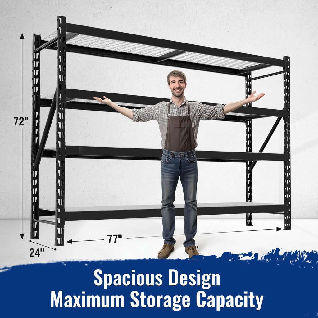 WORKPRO 8000LBS Storage Shelves, 77" Extra-Wide Garage Shelving, Heavy-Duty Metal Shelving Unit, Adjustable 4-Tier Garage Storage Rack for Warehouse, Basement,77" W X 24" D X 72" H, Black