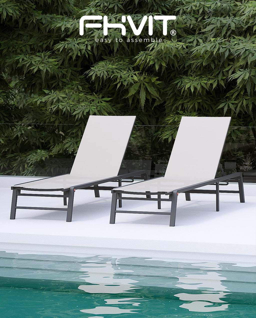 Aluminum Chaise Lounge Chair Outdoor, Foldable Patio Lounge Chair 2 Sets Assemble-Free, Pool Lounge Chairs with 5 Adjustable Backrest, Outdoor Lounge Chairs for Outside Poolside Beach Lawn Beige
