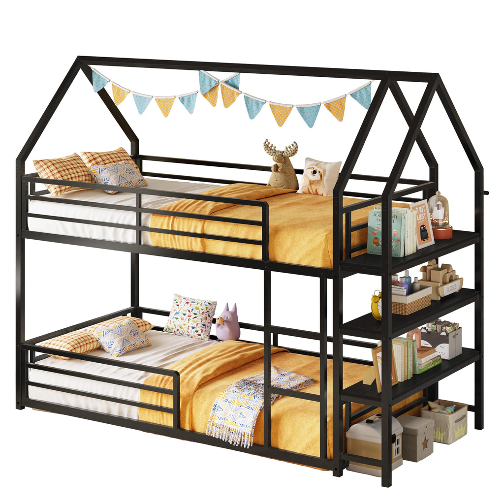 LIKIMIO Bunk Bed Twin Over Twin, Twin Bunk Beds Frame with 3-Tier Storage Bookshelf, Metal Twin House Bed Ladder and Safety Guardrail, Space Saving for Apartment or Dorm, No Box Spring Needed, Black