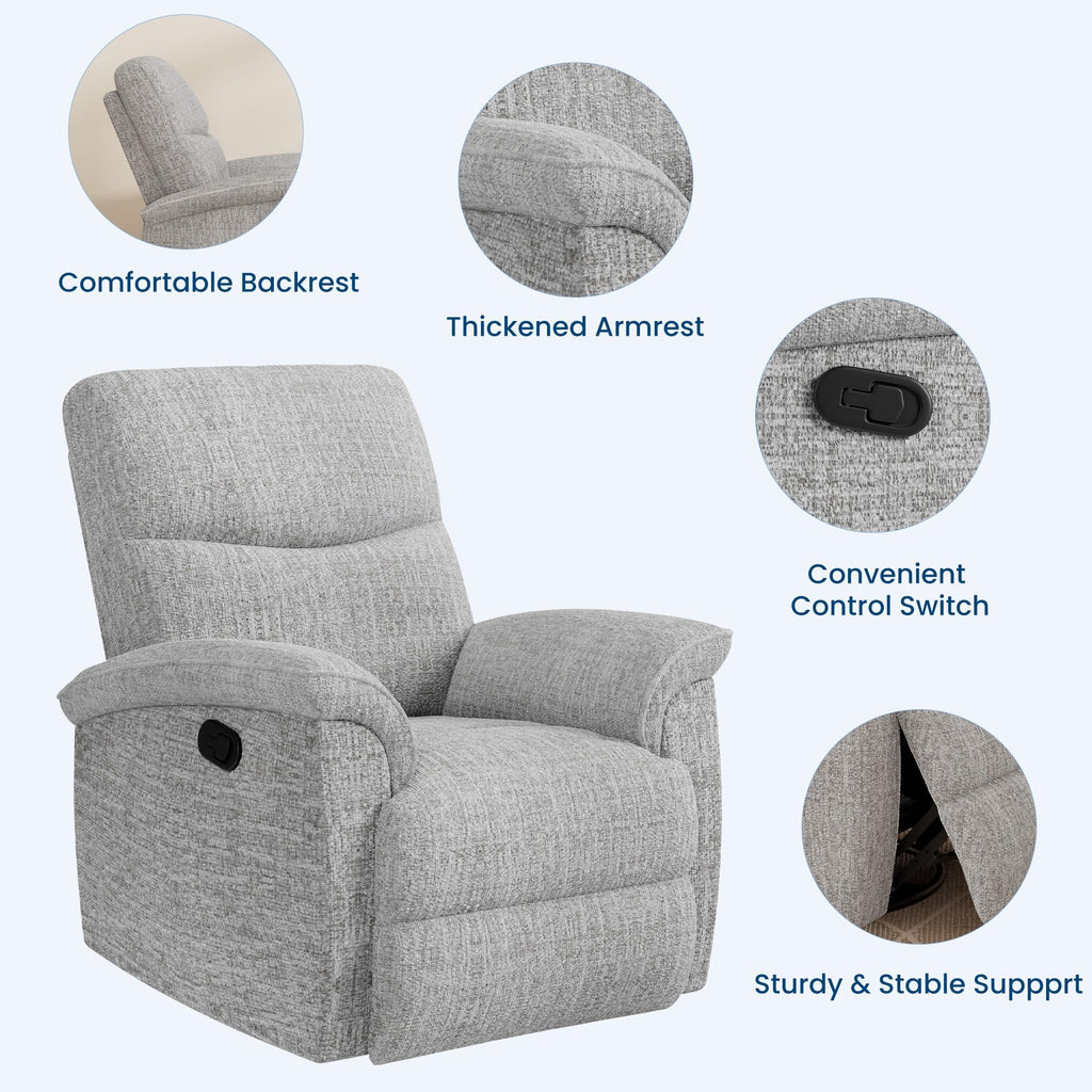GarveeHome Recliner Chair, 360° Swivel Rocker Glider Nursery Chair with Padded Armrest and Deep Seat, PU Leather Upholstered Reclining Sofa Chair for Living Room, Bedroom and Nursery (Light Gray)