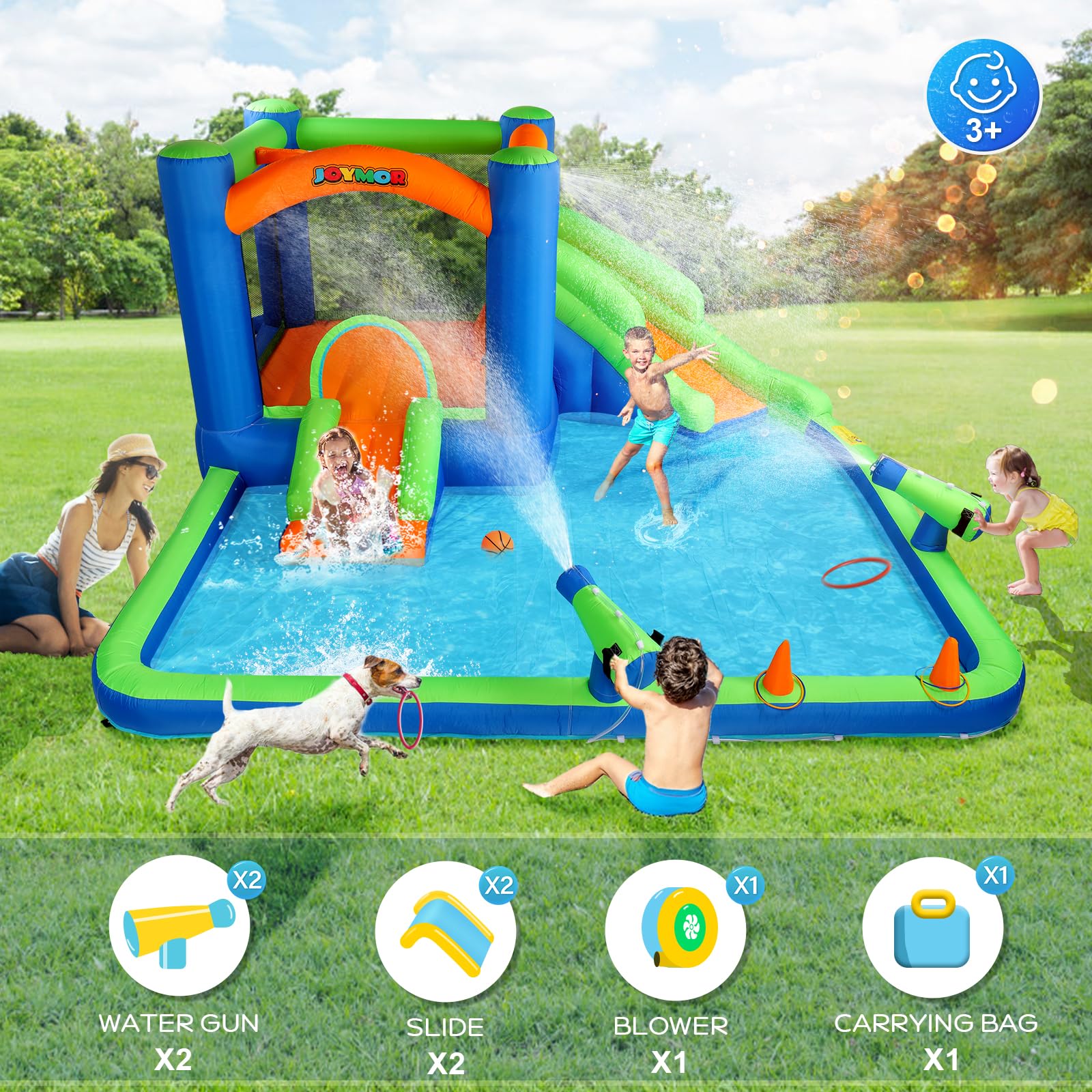JOYMOR Inflatable Water Slide Bounce House for 3-6, 30s Blow Up Water Slide w/Basketball Hoop, Water Cannon, Ring-Toss Game, Inflatable Water Bounce House w/Slides, Air Blower (Blue/Green)