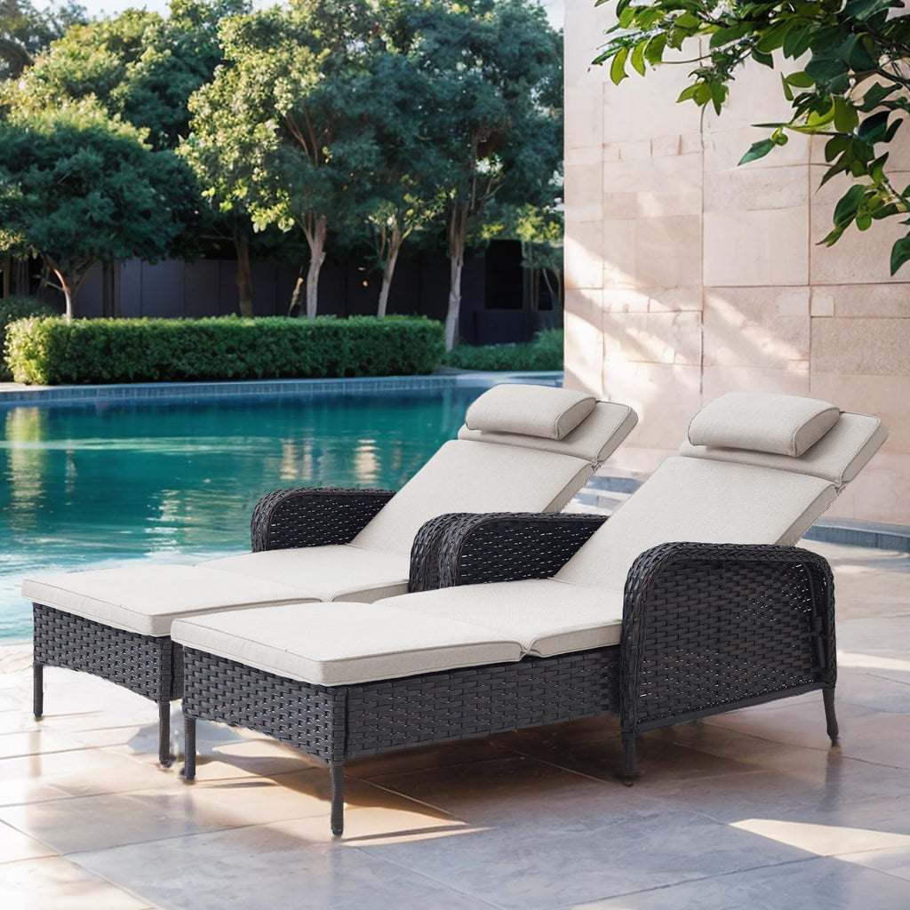HUMMUH Patio Lounge Chairs Set of 2 - Chaise Lounge Chair with 5-Position Adjustable Backrest Outdoor Chaise for Poolside Beach Garden Deck Sunroom - Brown/Beige