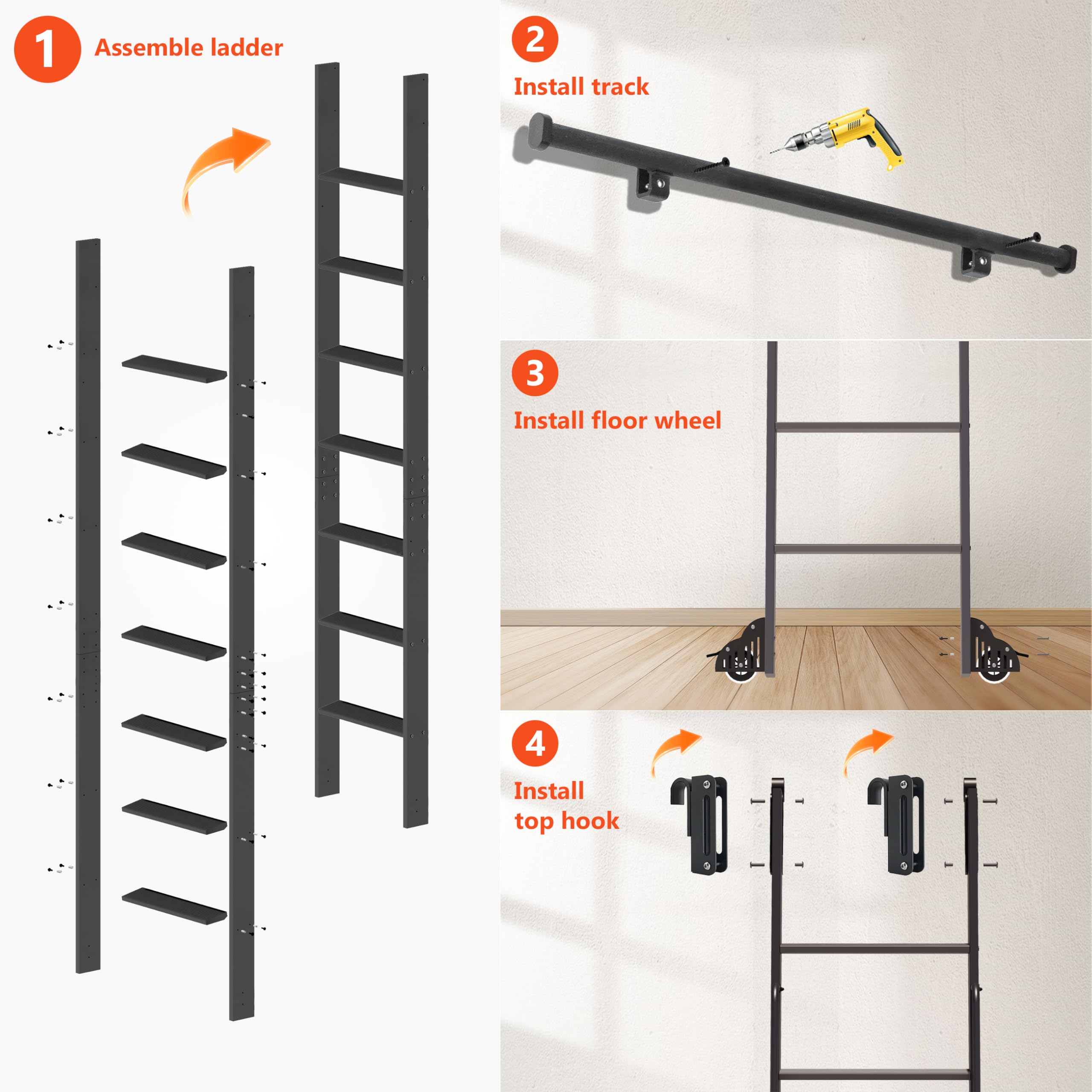 DIYHD 96" Sliding Library Ladder with 8 Steps, Telescopic Top Hook, Lightweight Rolling Ladder with Upright Space-Saving Storage, Kit with 4FT Sliding Rail, Bottom Rollers, 300lbs Capacity, Black