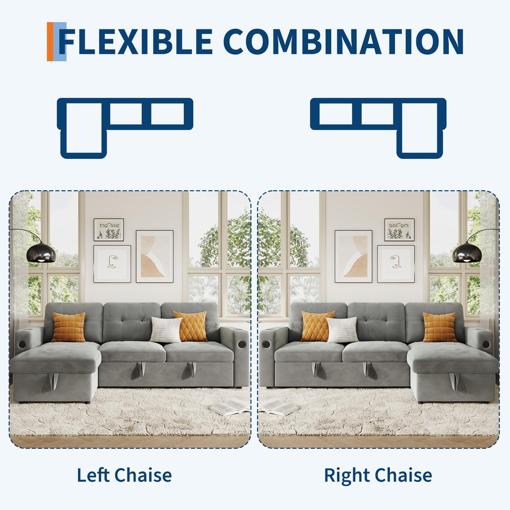 IDEALHOUSE 84" L Shaped Sleeper Sofa, Convertible Pull-Out Couch Bed with Storage & Charging Station, Sectional Sofa Bed with Cup Holder, Reversible Chaise for Living Room, Velvet, Light Gray