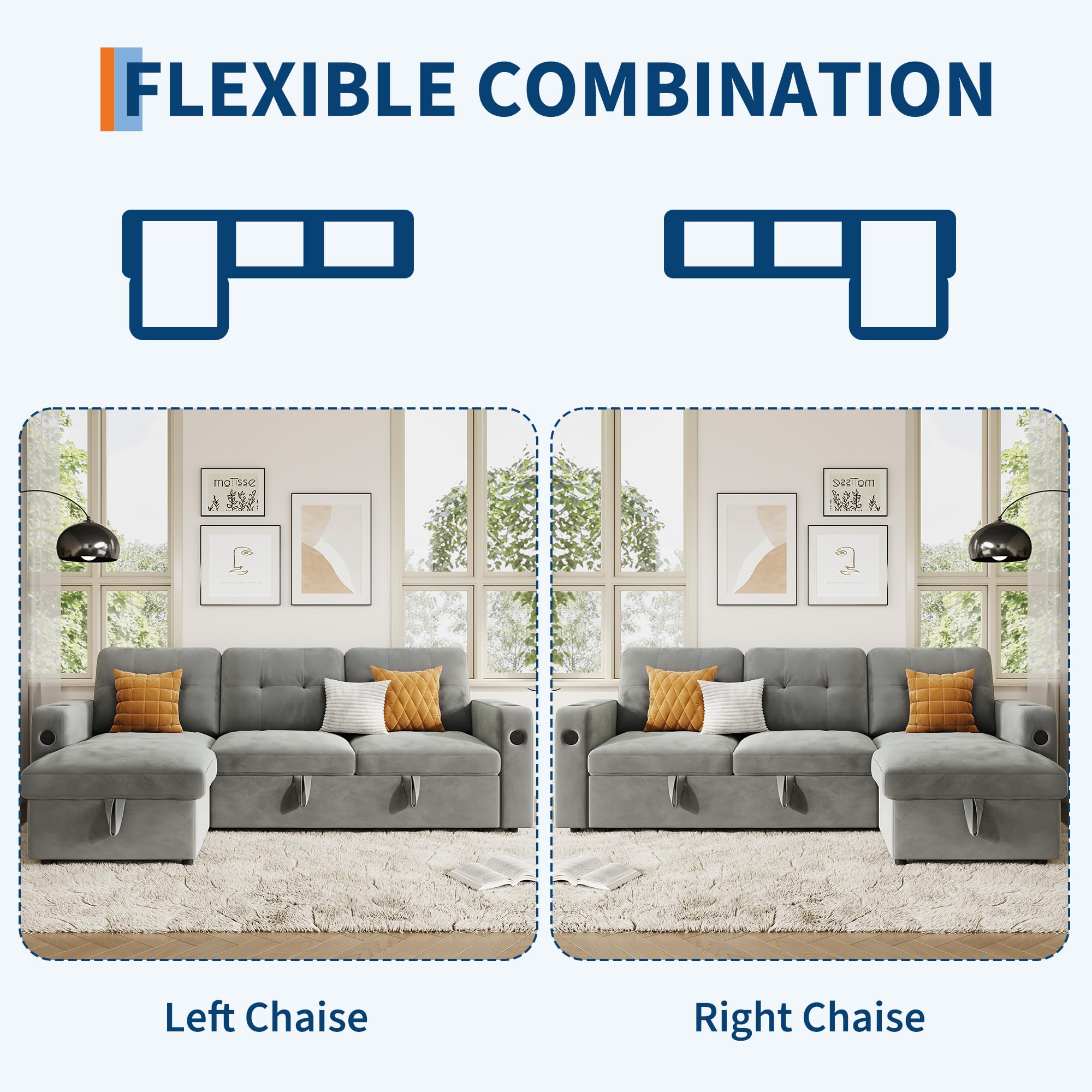 IDEALHOUSE 84" L Shaped Sleeper Sofa, Convertible Pull-Out Couch Bed with Storage & Charging Station, Sectional Sofa Bed with Cup Holder, Reversible Chaise for Living Room, Velvet, Light Gray