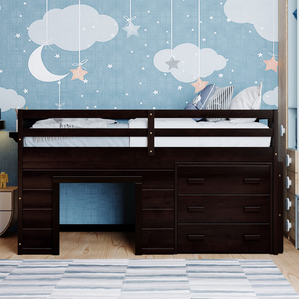 Merax Twin Wooden Loft Bed，Wood Bedframe for Kids Teens， Adults Bedroom with Cabinet, Shelf, Stairs, Espresso