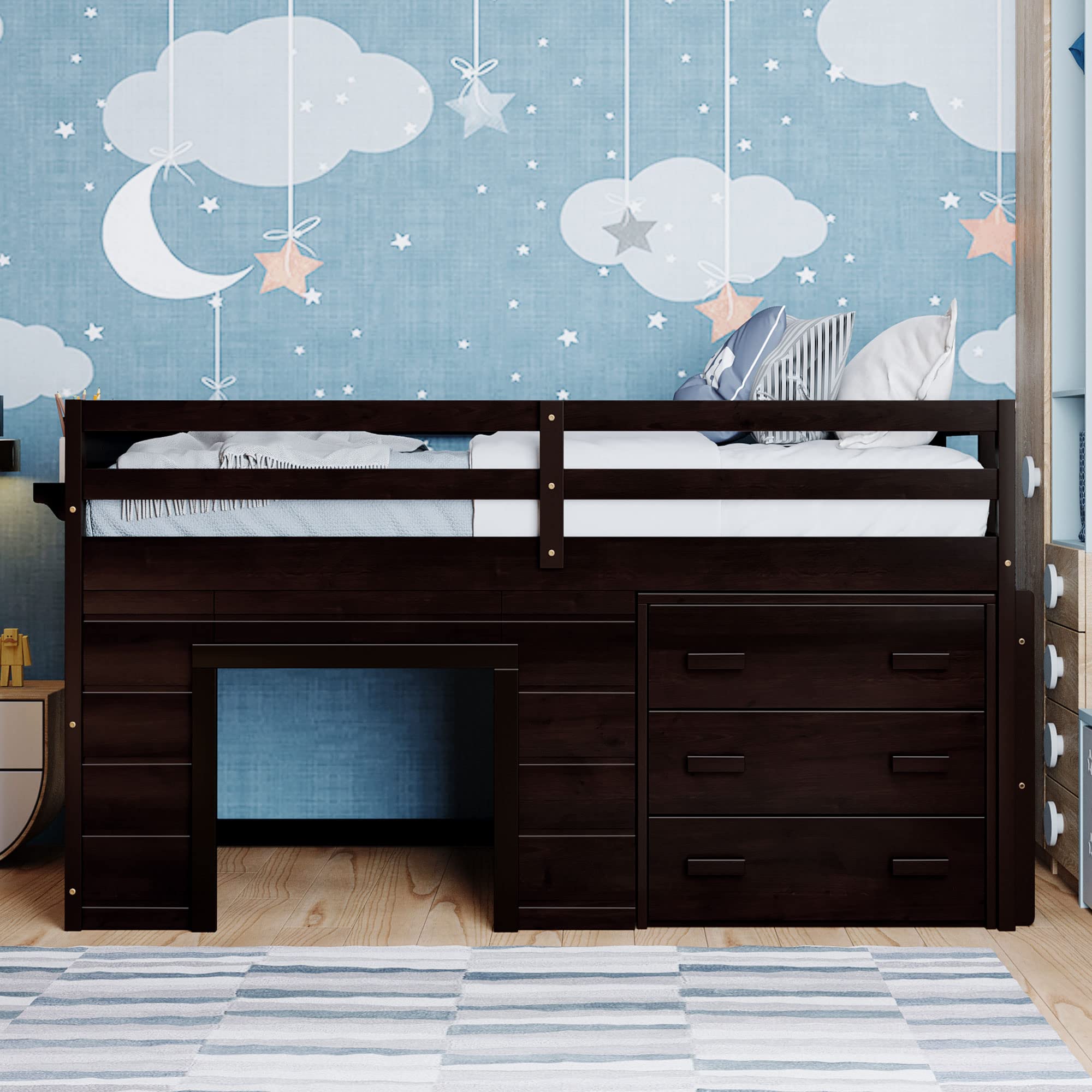 Merax Twin Wooden Loft Bed，Wood Bedframe for Kids Teens， Adults Bedroom with Cabinet, Shelf, Stairs, Espresso