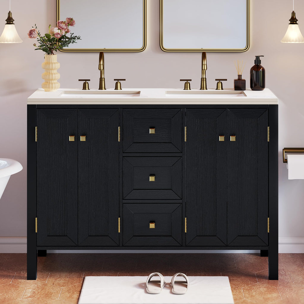 DWVO 47 Inch Bathroom Vanity with Double Sink, Retro Bathroom Storage Cabinet with Sintered Stone Countertop, Six Holes, 4 Doors & 3 Drawers