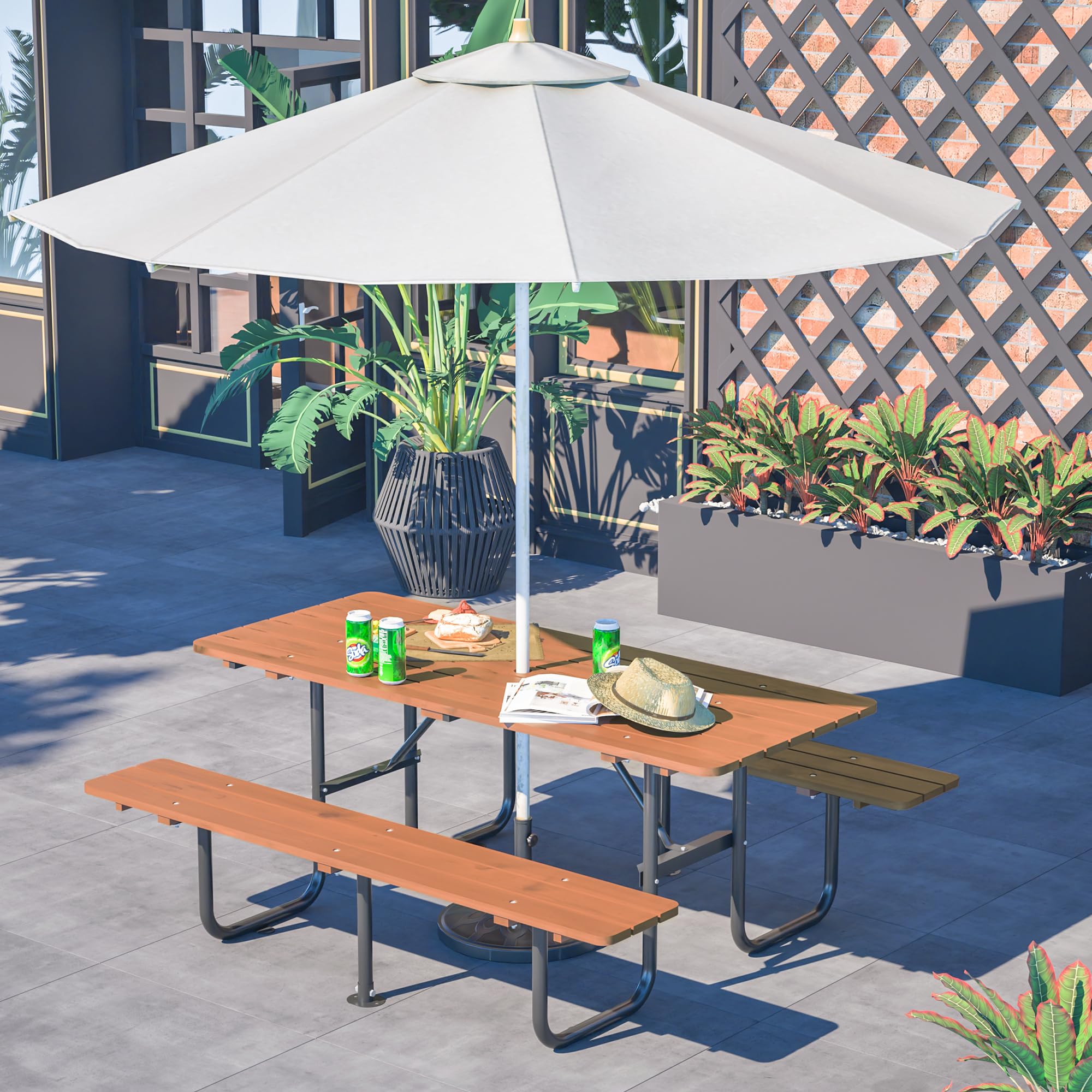 VroomAuto Outdoor Picnic Table for 6 with Benches, 72 Inch Rectangular Waterproof Wooden Dining Set, Heavy Duty for Garden Backyard Patio BBQ