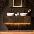 Woodbridge 60"X22" Wall Mounted Vanity with Double Ceramic Round Vessel Sinks,Black Engineered Stone Vanity Top,Floating Design with Hand-Painted Black & Gold Accents,Space-Saving for Modern Living