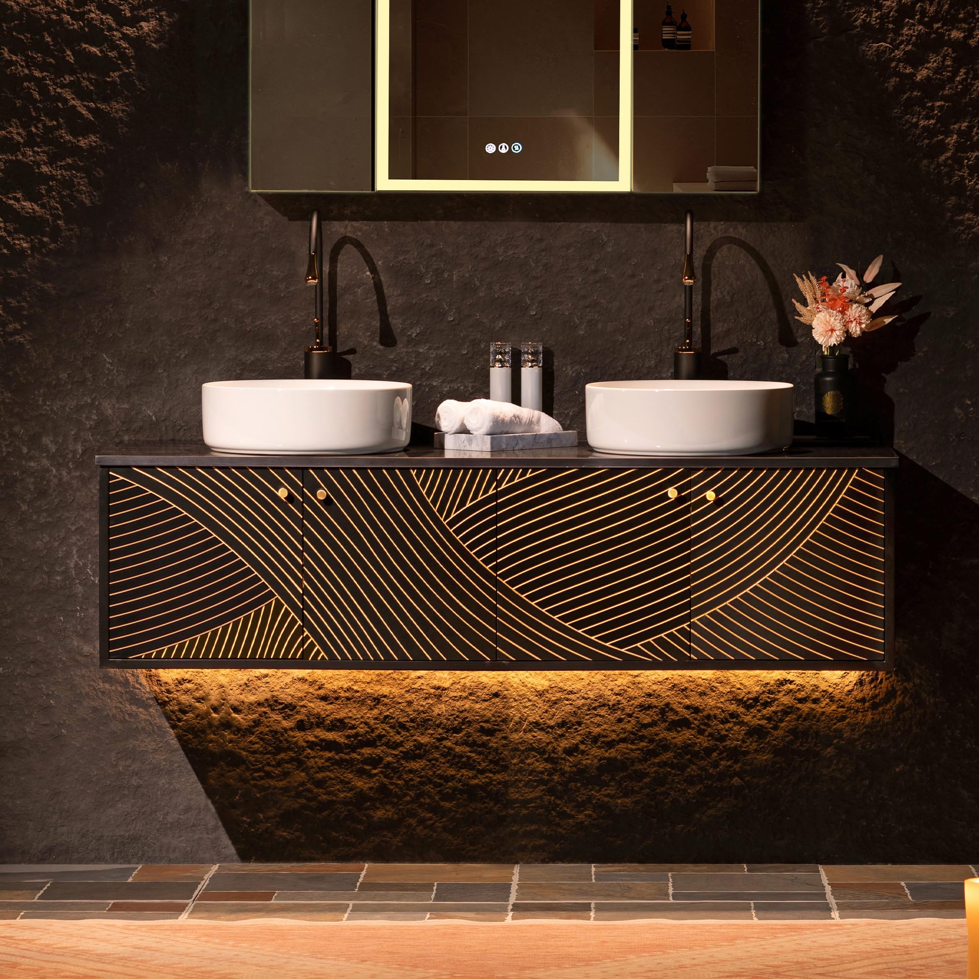 Woodbridge 60"X22" Wall Mounted Vanity with Double Ceramic Round Vessel Sinks,Black Engineered Stone Vanity Top,Floating Design with Hand-Painted Black & Gold Accents,Space-Saving for Modern Living