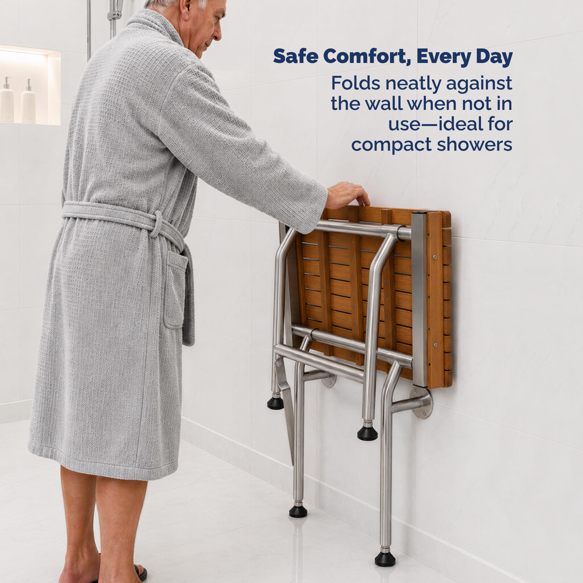 Teak Shower Seat Bench with Drop Down Legs – ADA Compliant Folding Teak Shower Bench, Wall Mounted Fold Up Bath Seat, 400 lb Capacity, Waterproof Teak Wood (24 Inches)