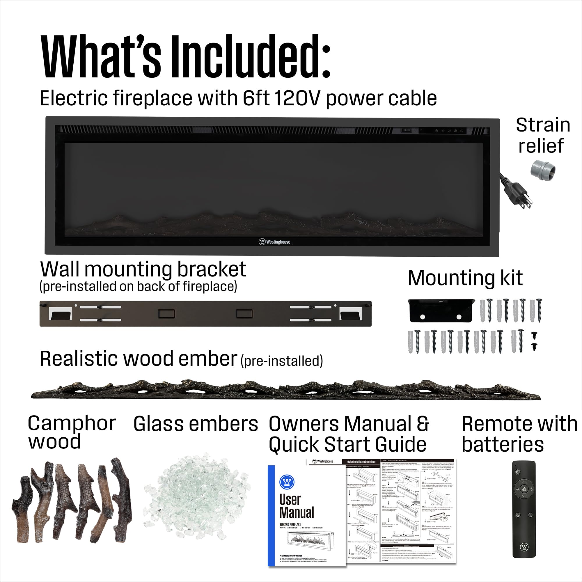 Westinghouse 60 Inch Electric Fireplace Heater, Compatible with Alexa & Google Home, Wall Mount or in-Wall Recessed Fireplace Insert, 24 Hour Timer, Color Changing Flames, 750W/1500W Indoor Heater