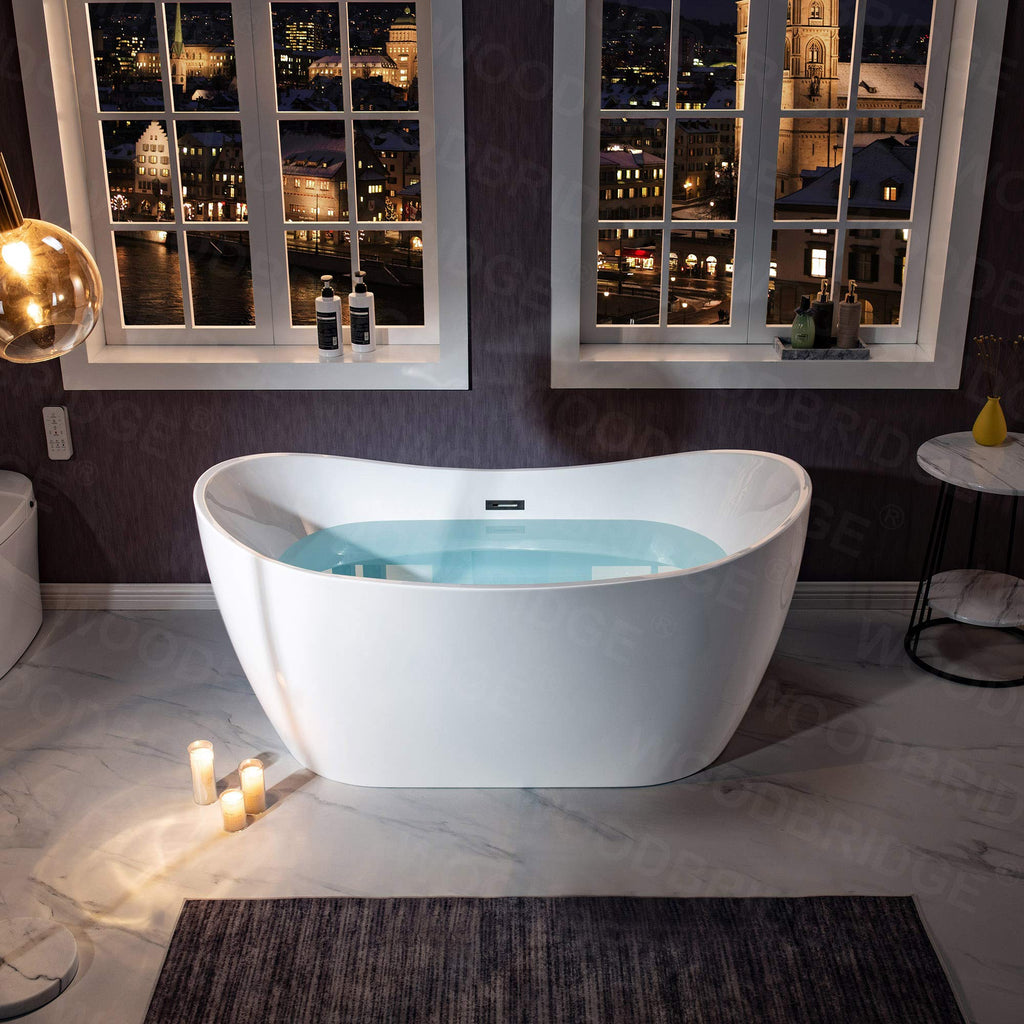 WOODBRIDGE B0016 C 59" Freestanding Bathtub Contemporary Soaking Tub, White Acrylic Drain/Overflow, B-0016 Chrome+ Pillow