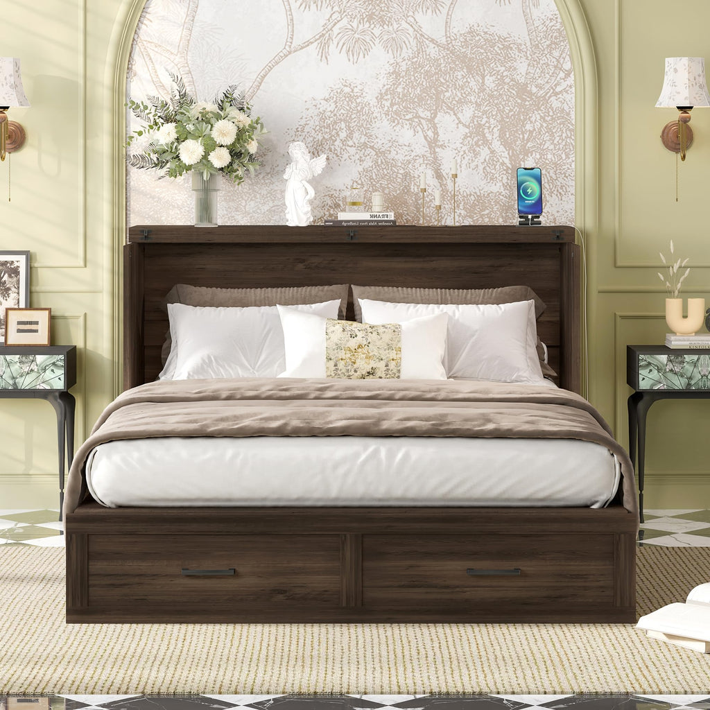 Merax Farmhouse Wood Murphy Bed Chest with Charging Station, Foldable Wall Platform Bed with Storage Drawer/Space Saving/Wood Slat Support/Queen, Gray