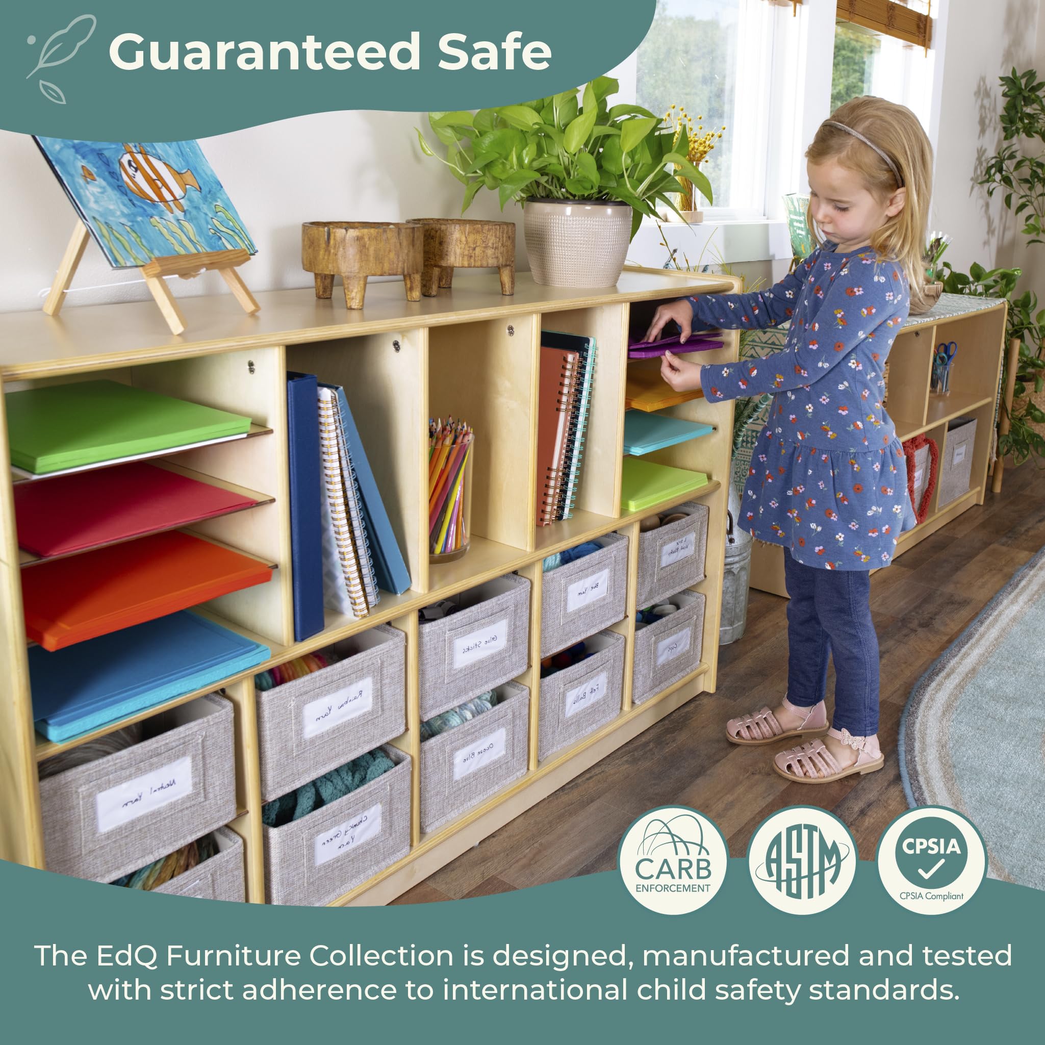 Guidecraft EdQ Shelves and 10 Bin Storage Unit- Natural: Multi-Functional Cube Storage Organizer or Bookcase, Wooden Cabinet for School and Home, Teacher's Book Cubby and Toy Shelf
