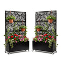 Veemuaro Metal Planter Box with Trellis, 70" H × 46" L Freestanding Outdoor Raised Garden Bed with Privacy Screen, Wheels and Drainage Holes, Leaf Privacy Screen Planter Box for Garden, 2PCS