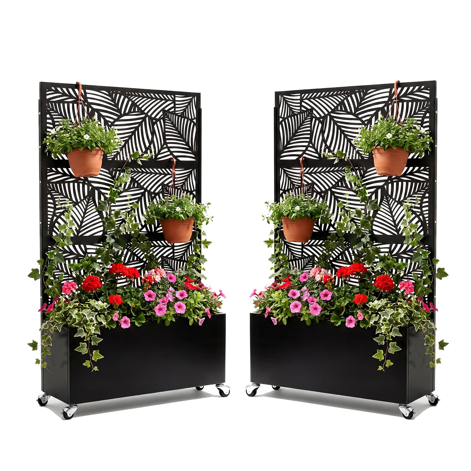 Veemuaro Metal Planter Box with Trellis, 70" H × 46" L Freestanding Outdoor Raised Garden Bed with Privacy Screen, Wheels and Drainage Holes, Leaf Privacy Screen Planter Box for Garden, 2PCS