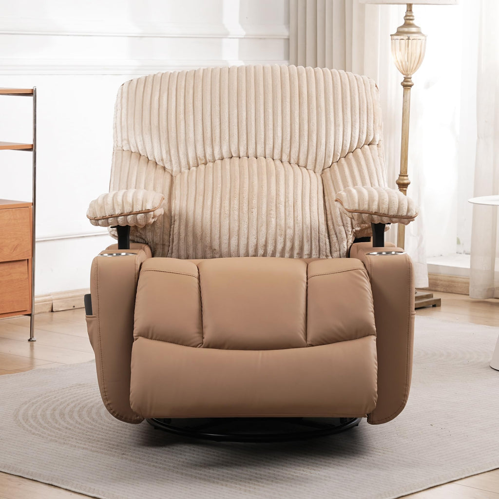 GRAINELL Rocking Chair Nursery, Electric Swivel Recliner Glider with Adjustable Armrests, Nursing Chair with USB Charger, Cup & Blanket Holders, Brown Corduroy & PU Leather