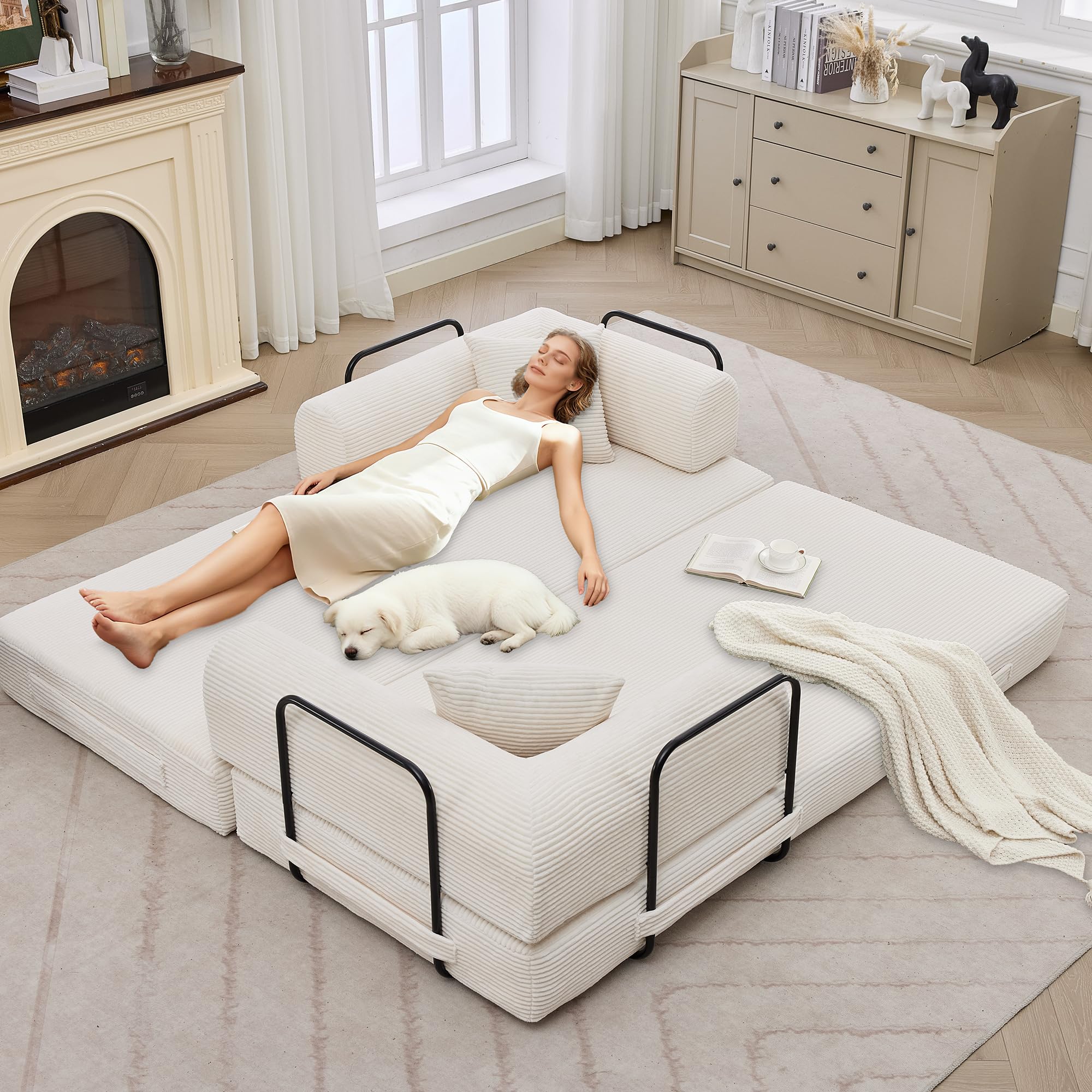 GarveeHome 79" Convertible Sleeper Sofa Bed Couch, 4-in-1 Boneless Corduroy Folding Sofa Bed with Pillow & Fixed-Shape, Floor Mattress Couch Loveseat for Living Room Apartments - No Assembly, Beige