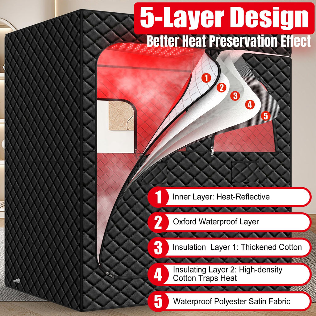iTHERAU 2 Person Infrared Sauna Box for Home, Portable Steam Sauna Room with 660nm＆850nm Red Light Therapy Lamp, 5-Layer Waterproof, 2 Steamers, 2 Folding Chair