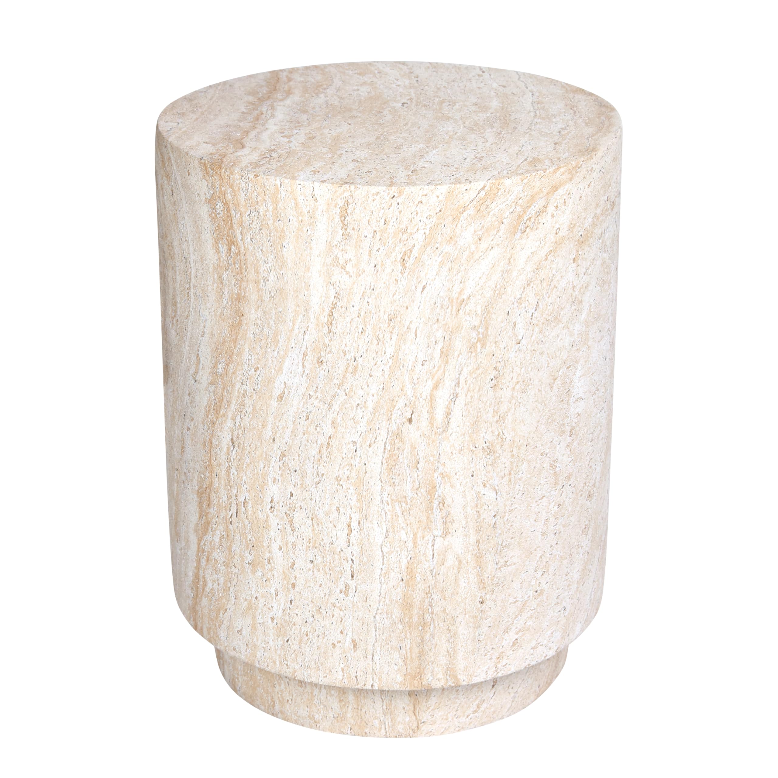 Empire Art Direct Cylinder Travertine Stone Finish Italian Design MgO Side Accent Table, Living Room, Bedroom & Office, 14.2"x14.2"x18.3"