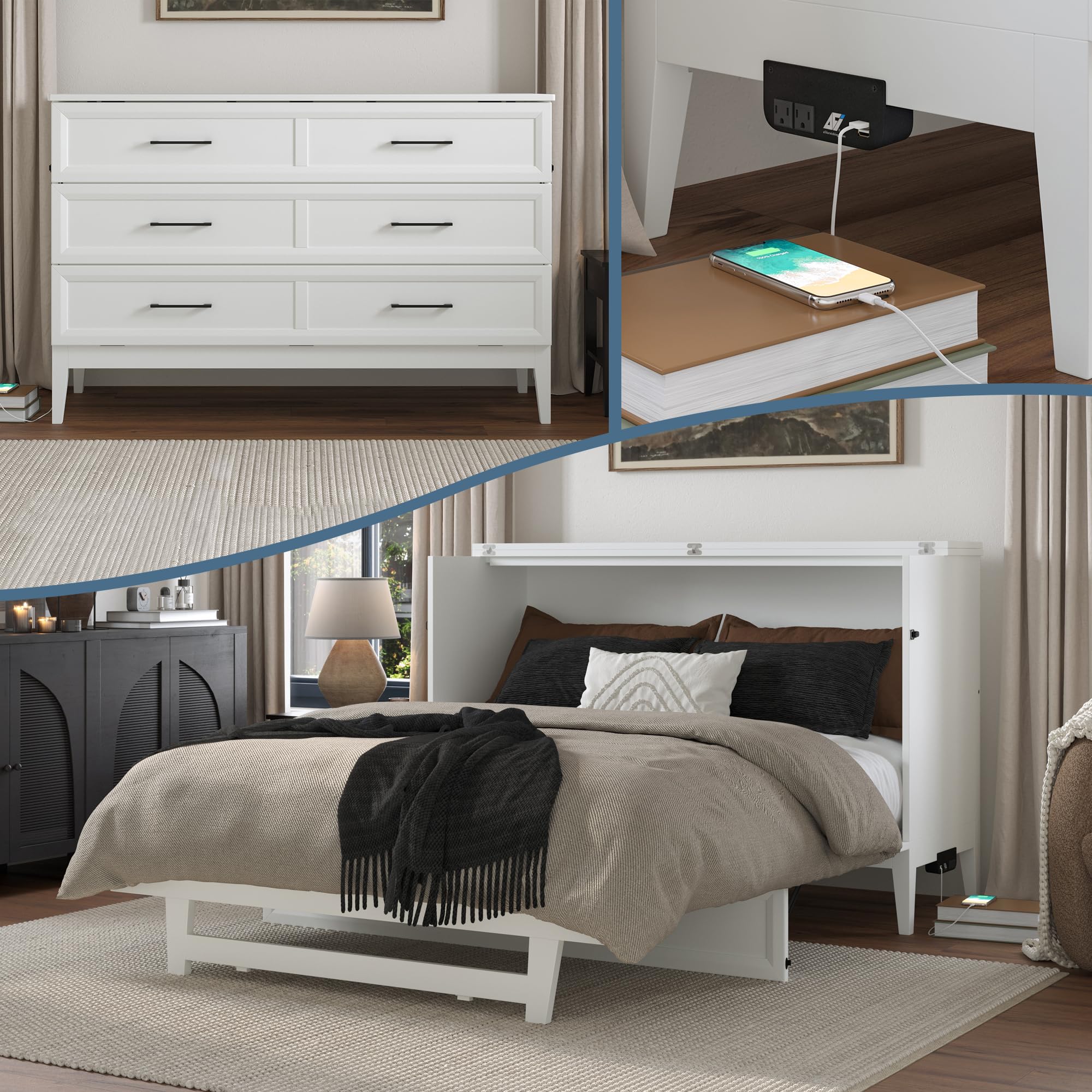 AFI, Santa Fe Queen Murphy Bed Chest with Mattress and Built-in Charger, White