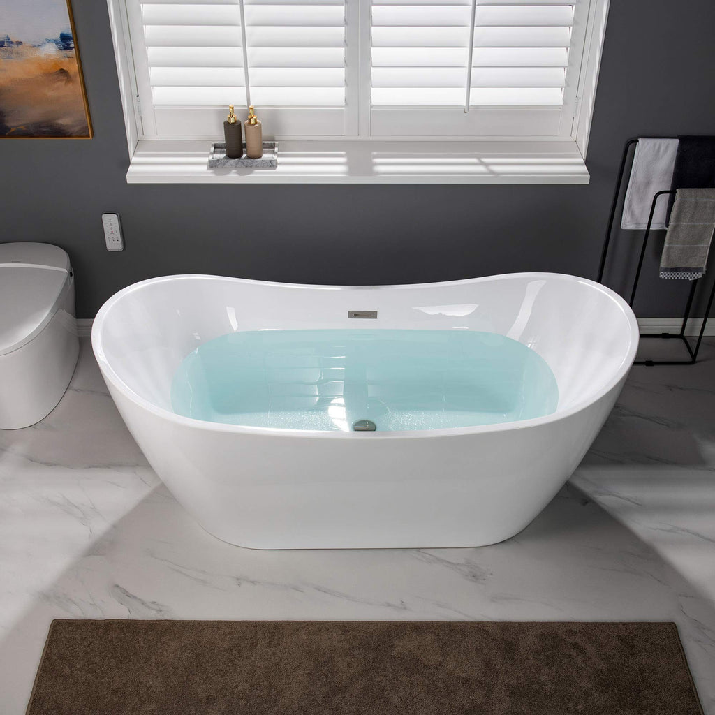 WOODBRIDGE 67" Acrylic Freestanding Bathtub Contemporary Soaking Tub, White Acrylic (Brushed Nickel Drain/Overflow) with Pillow