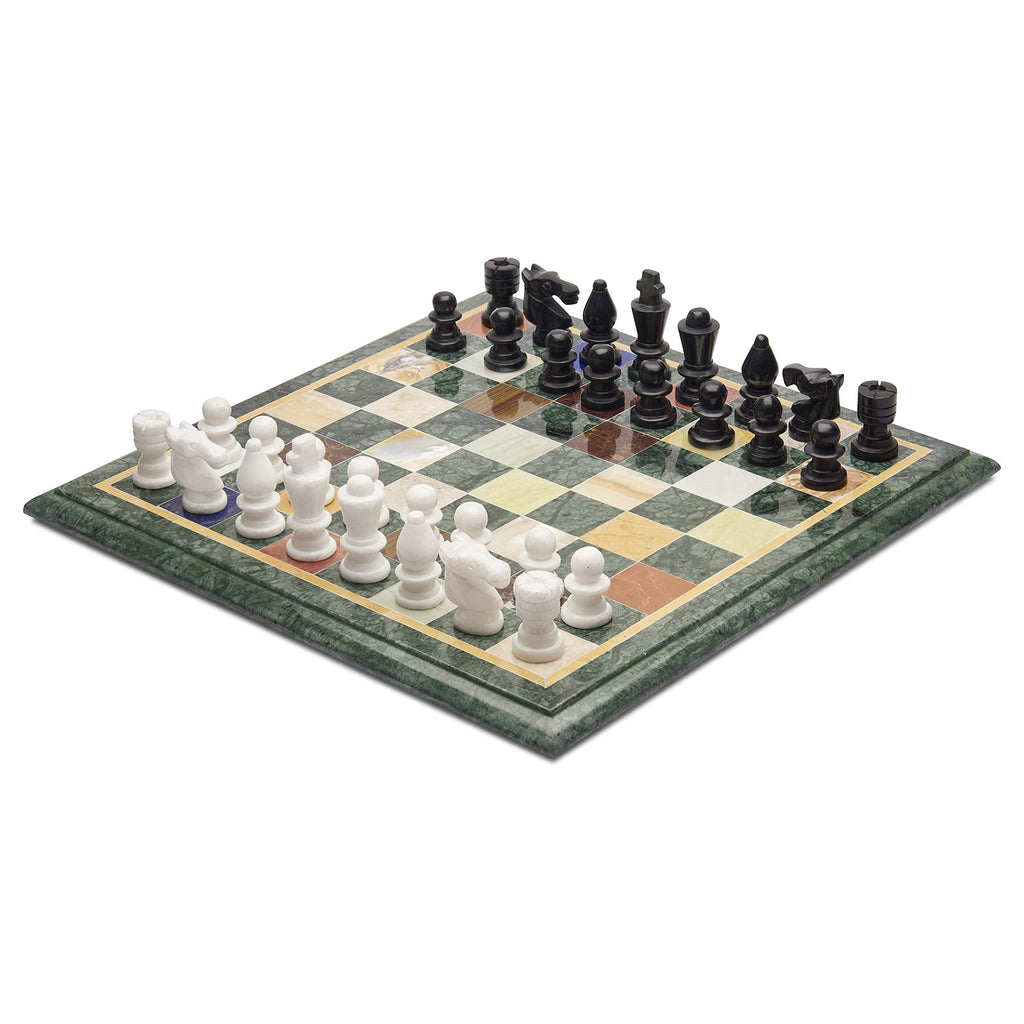 Queenza Green Marble Chess Sets for Adults Unique - 12 Inch Inlaid with Gemstones Handmade Chess Board Game with Alabaster Marble Chess Pieces Set of 32 - Tournament Chess Set with Storage