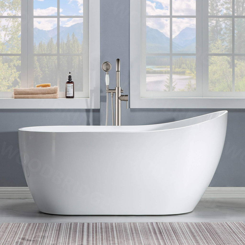 WOODBRIDGE 59" Acrylic Freestanding Bathtub Contemporary Soaking White Tub with Brushed Nickel Overflow and Drain，B-1530 -B/N-Drain &O