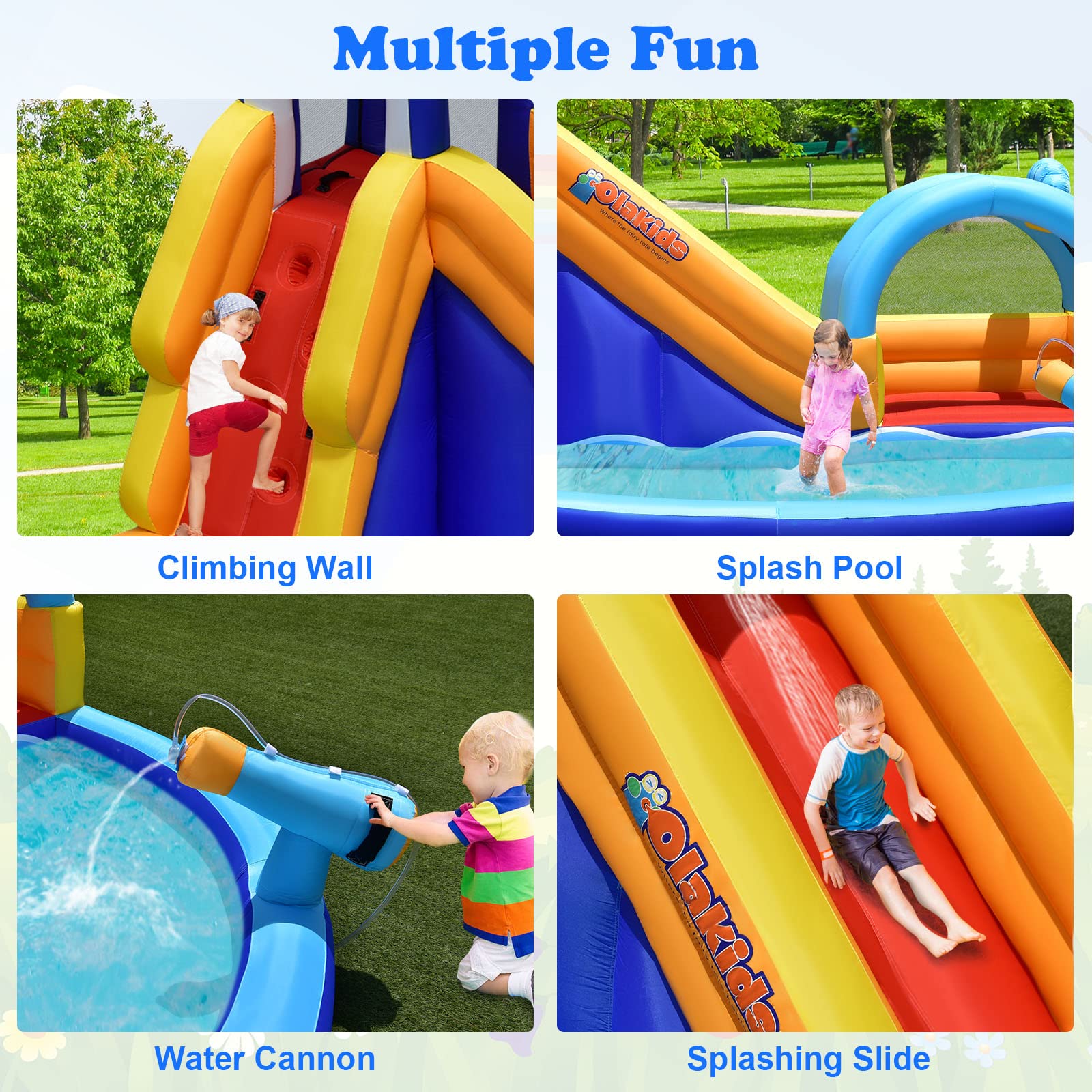 OLAKIDS Inflatable Water Slides, Shark Theme 14FT x 10FT x 8.5FT Bouncy House with Slide, Splash Pool, Climbing Wall, Water Gun, Outdoor Jumping Castle with Hose, Carry Bag, Stakes