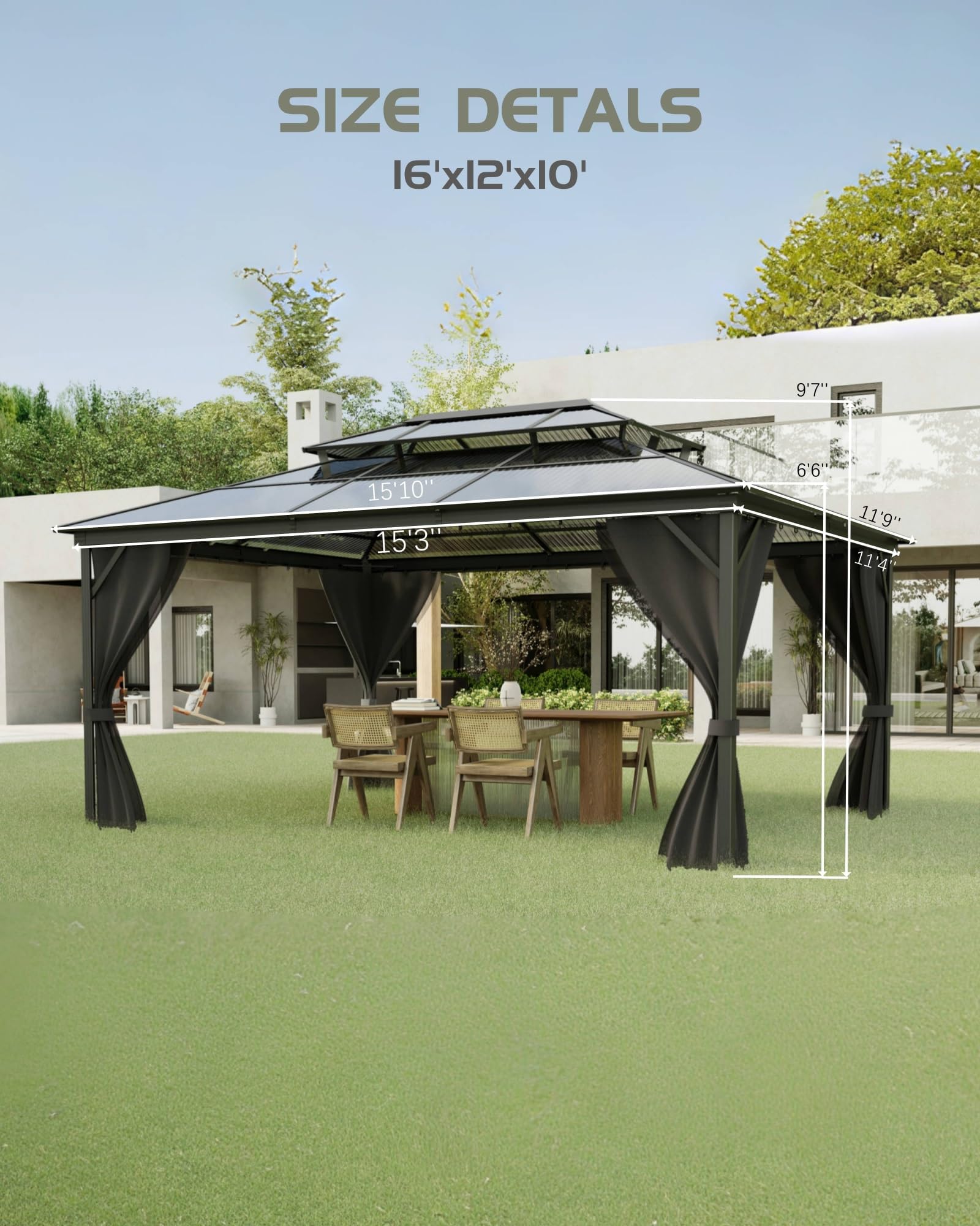PeakPursuit Heavy Duty Hardtop Gazebo 12'x16' – Double Polycarbonate Roof, Aluminum Frame, Curtains & Netting, Weather-Resistant Permanent Outdoor Pavilion for Patio, Deck, Garden, Khaki