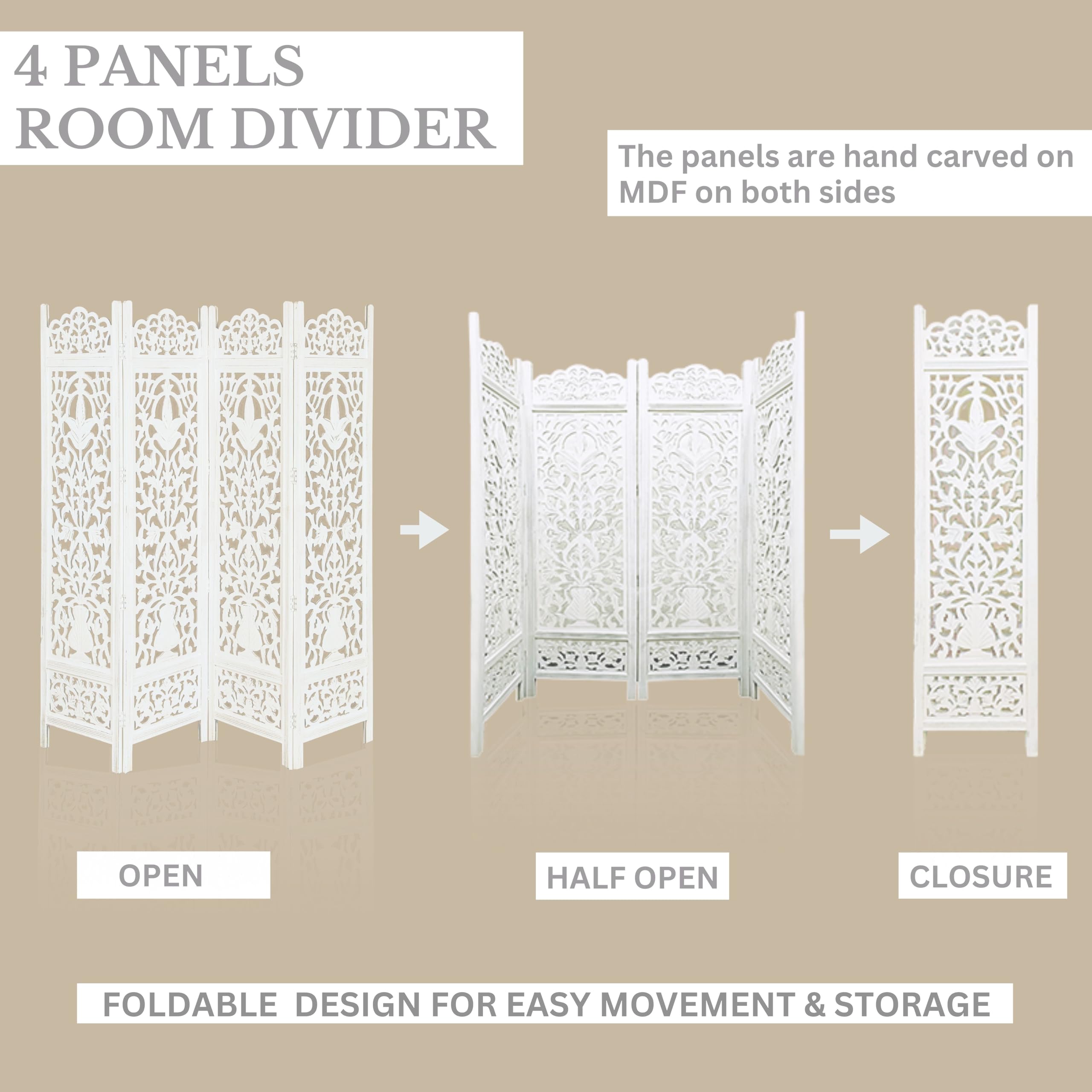 Lightnpro 4-Panel Wooden Room Divider 72"×72" - Hand-Carved Floral Folding Privacy Screen | Pre-Assembled Large Decorative Partition for Living Room, Bedroom, Office & Boho Home Décor - Antique White