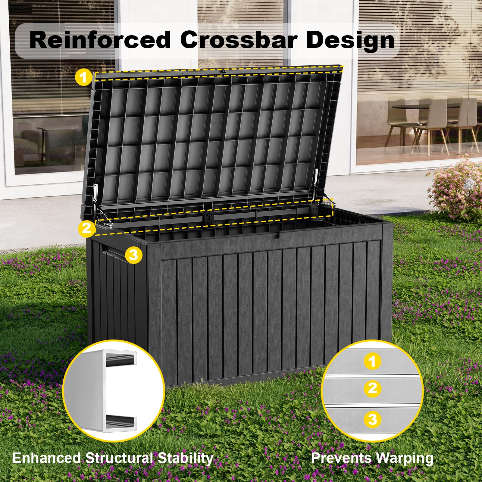 PatioZen 280 Gallon Large Deck Box,Resin Outdoor Storage Box with Lockable for Patio Furniture, Garden Tools Waterproof Outside Storage Box, Black