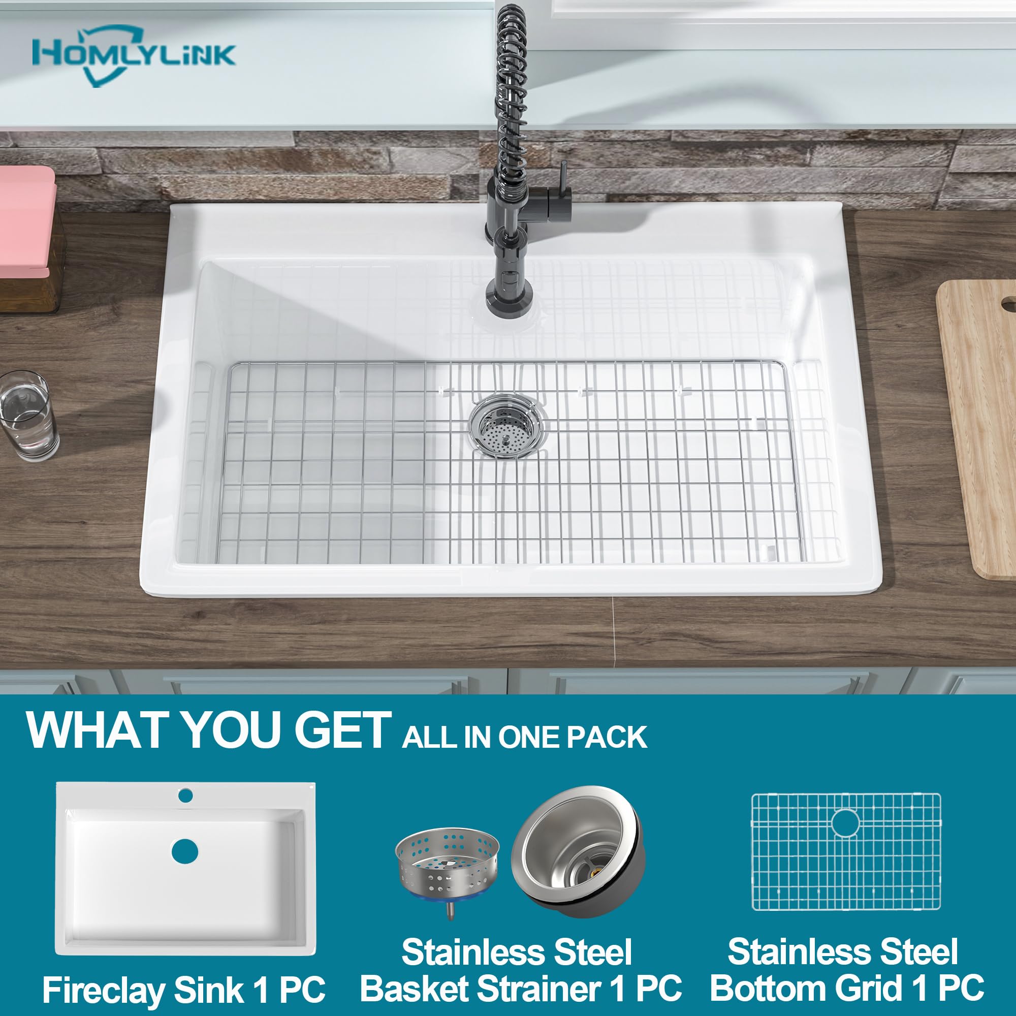 HOMLYLINK 33x22 Drop In Kitchen Sink White 1 Hole, 33 Inch Topmount Fireclay Sink Drop In Single Bowl, Heavy Duty Large Capacity Deep Basin, w 2 Custom Accessories, Pure White, for Kitchen