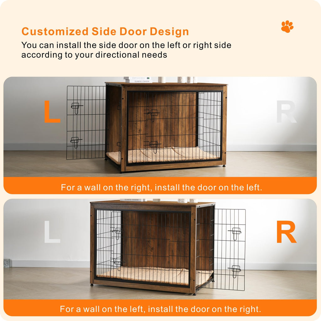 DWANTON Dog Crate Furniture with Cushion, Wooden Kennel Table with Double Doors, Indoor Dog House, Extra Large, 43.3" L, Warm Brown