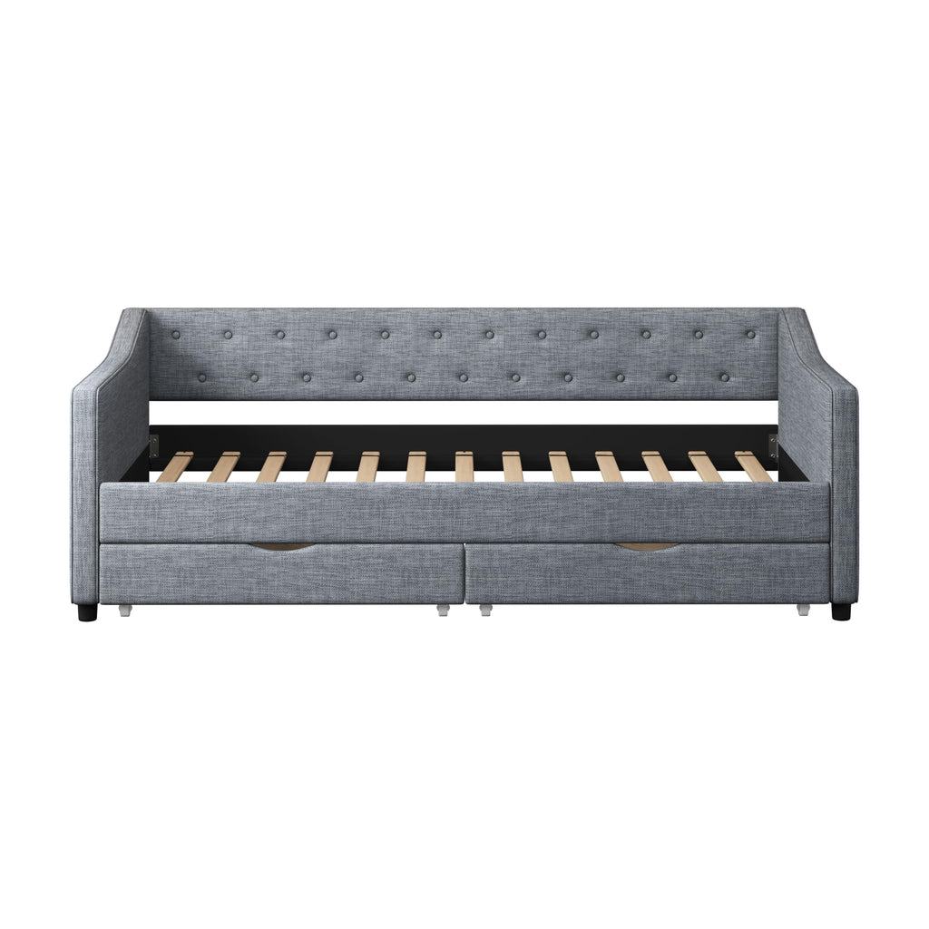 Ball & Cast Twin Size Daybed with Two Drawers and Linen Upholstered,Wood Bed Frame w/Button Tufted Back and Waved Shape Arms,Slats Support,for Apartment,Bedroom,Light Grey