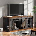 YITAHOME 71" Double Dog Crate Furniture with 4 Dog Bowls, Heavy Duty Wooden Dog Crate TV Stand, Dog Kennel Indoor Furniture Sliding Barn Door Design for Extra Large Dogs, Rustic Brown