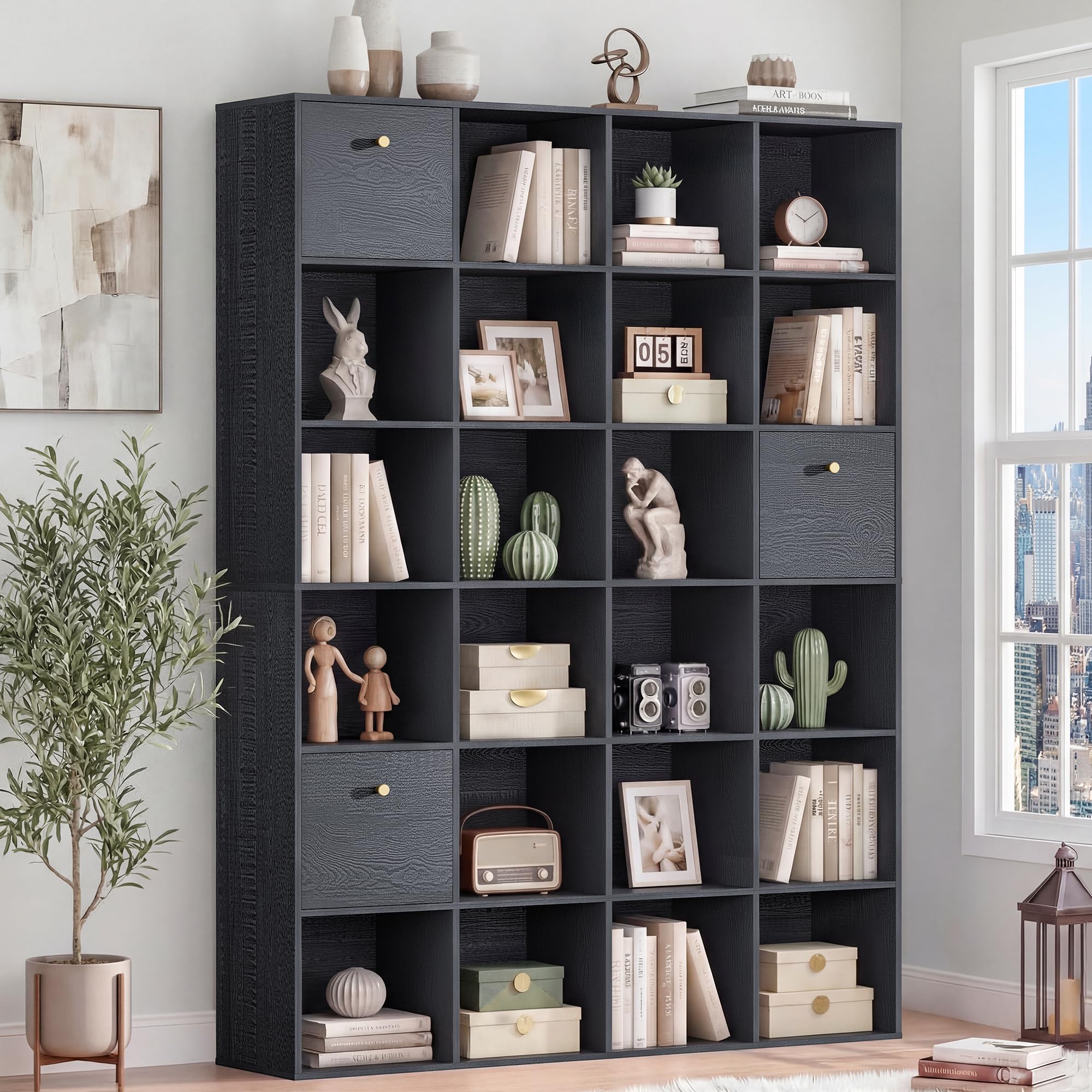 Modern Cube Storage Organizer, 24 Open Shelves Bookcase with 3 Storage Bins, Black Book Case with Wood Grain, Freestanding Shelf for Bedroom, Living Room, Home Office, Library, Wooden Large Book Shelf