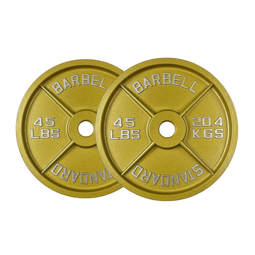 Gold Finish Olympic Steel Plates - Pairs and Sets 2 Inch Barbell Standard in Premium Gold for Weight Lifting (45lb Pair)