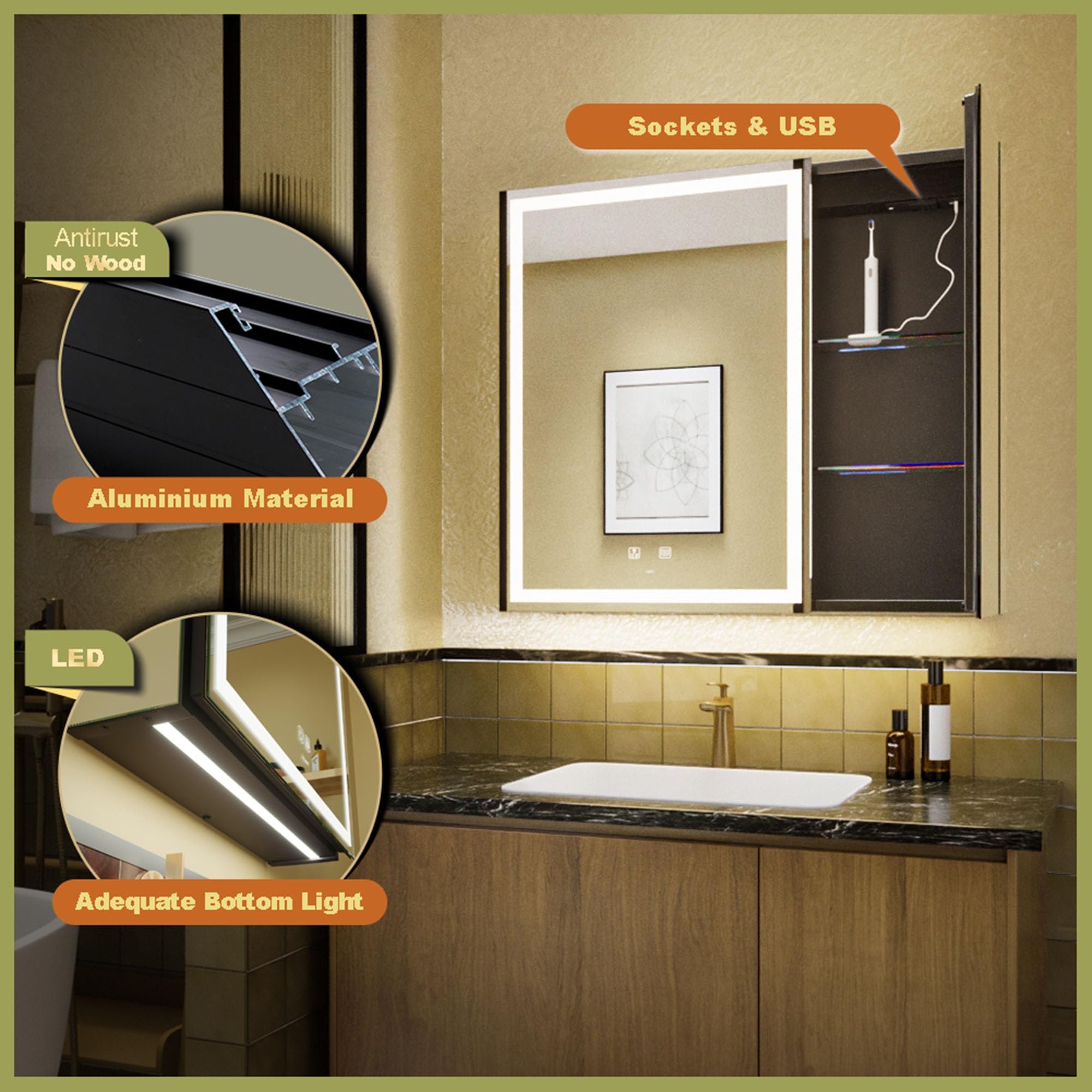 GANPE LED Lighted Bathroom Medicine Mirror Cabinet with Sockets & USBs, Anti-Fog Dimmable Light and Color Adjustment, Easy to Install Aluminum Cabinet (30 * 28 Two-Door)