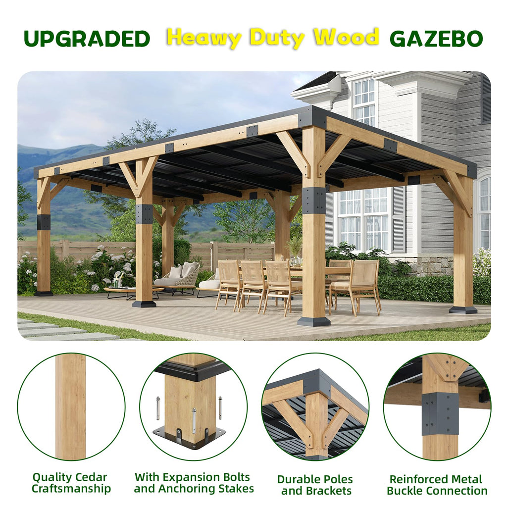 GOHONEI10x22 ft Cedar Wood Gazebo with Sloped Galvanized Steel Roof, Hardtop Gazebo Pavilion with Durable, Rot-Resistant Construction, Permanent Outdoor Pergola for Backyard, Garden & Deck