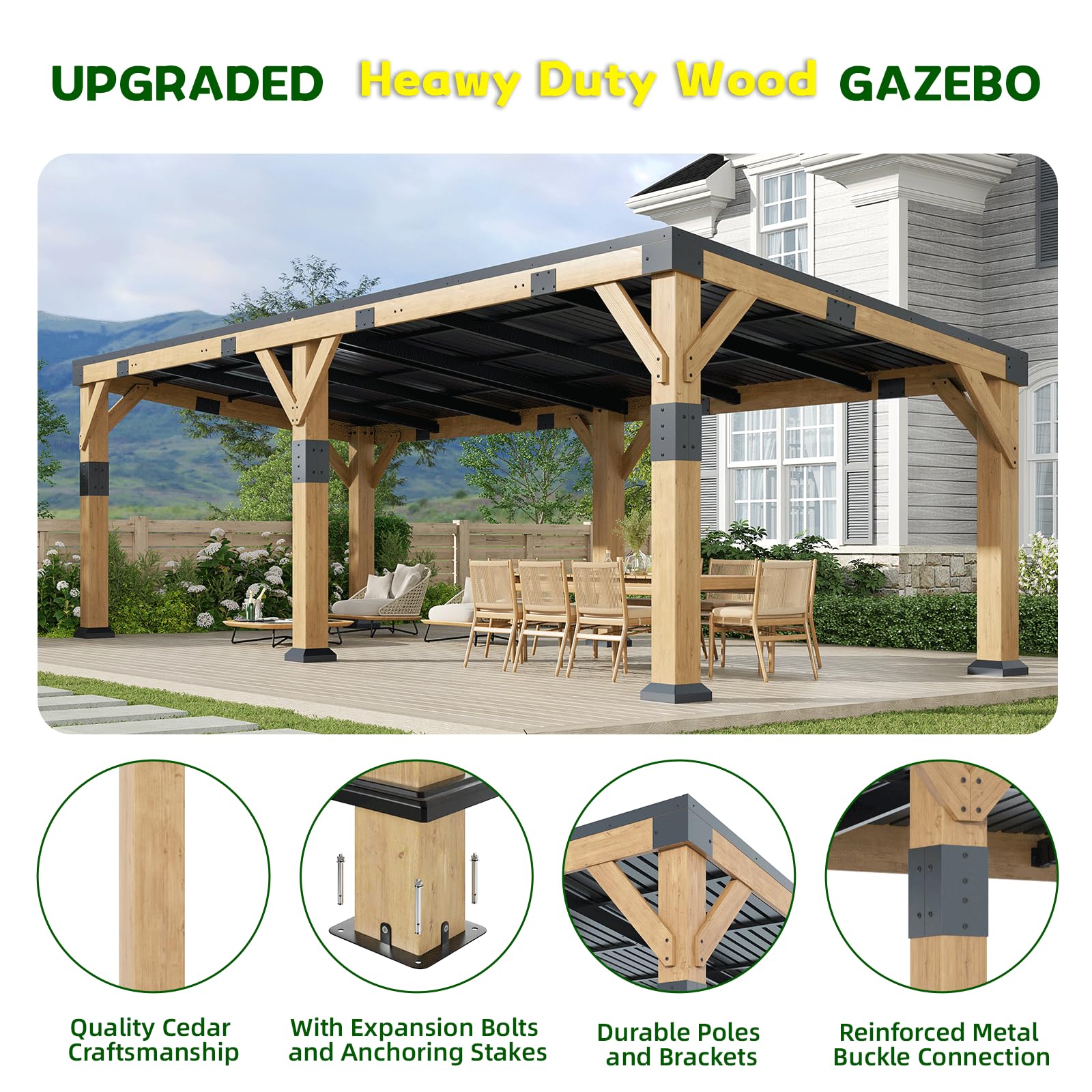 GOHONEI10x22 ft Cedar Wood Gazebo with Sloped Galvanized Steel Roof, Hardtop Gazebo Pavilion with Durable, Rot-Resistant Construction, Permanent Outdoor Pergola for Backyard, Garden & Deck