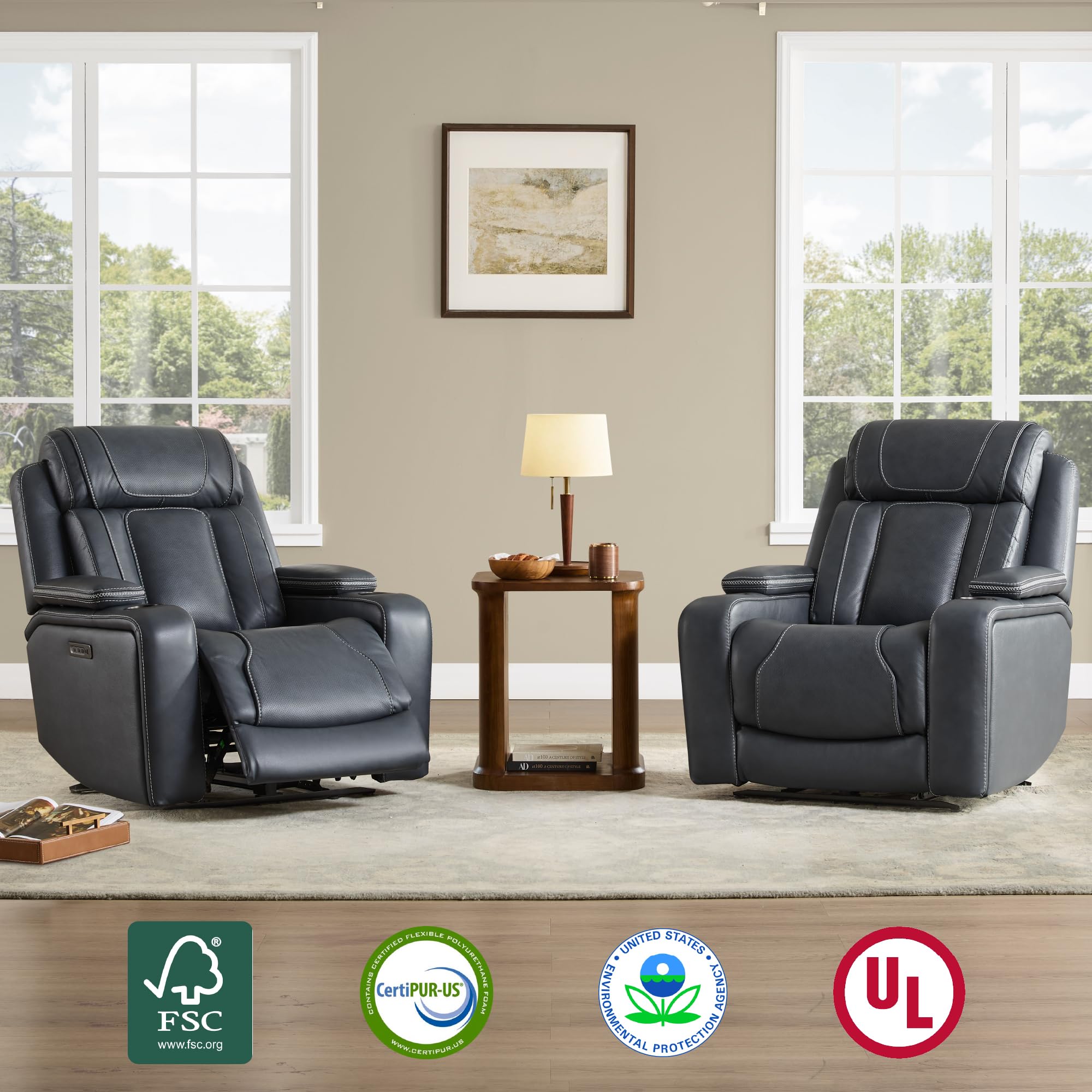 Watson & Whitely Super Zero Gravity Recliner Chair, Oversized Genuine Leather Electric Recliner W Power Adjustable Headrest & Lumbar Support Hidden Storage for Living Room, Navy Blue