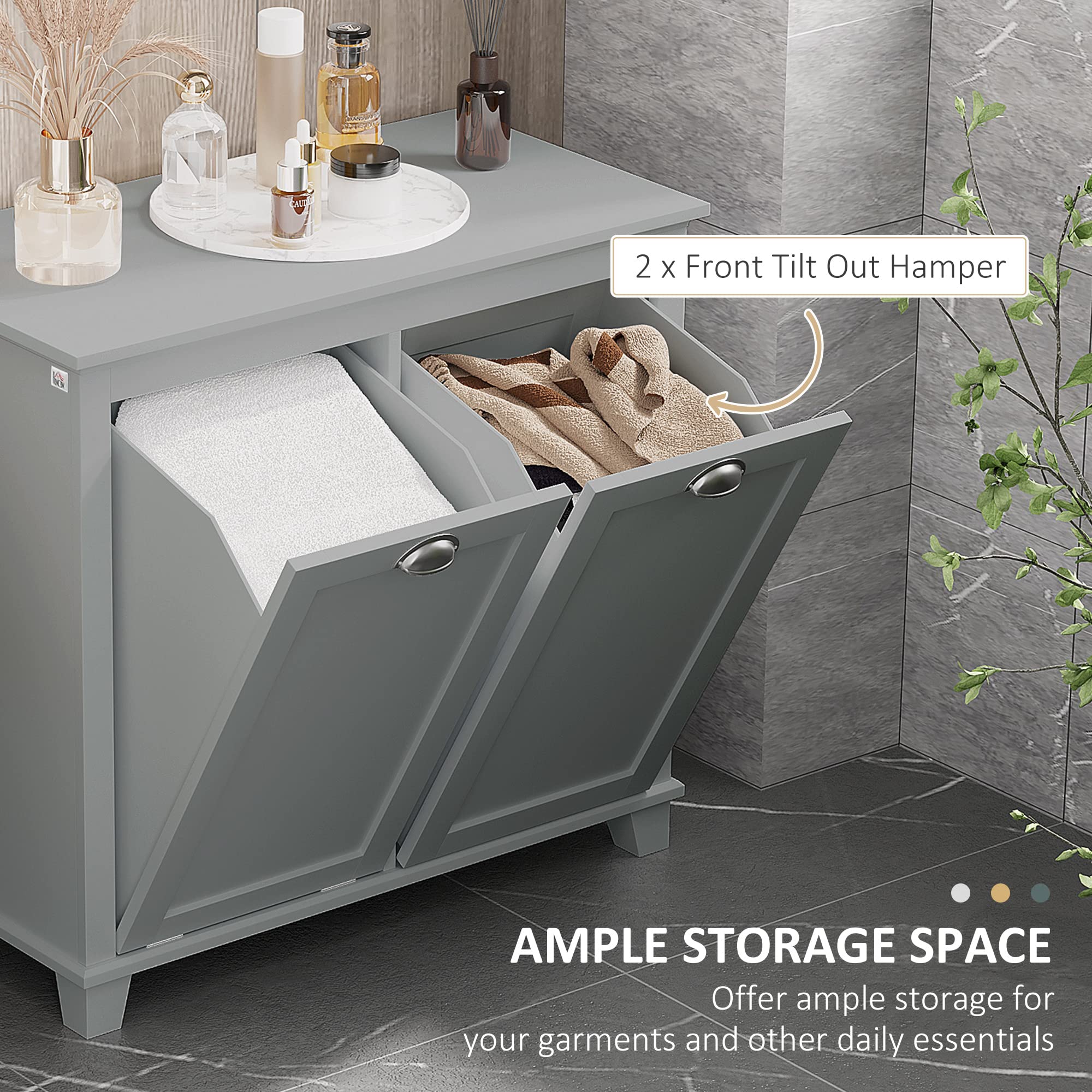 Tilt Out Laundry Sorter Cabinet, Bathroom Storage Organizer with Two Compartment Tilt Out Hamper, Gray